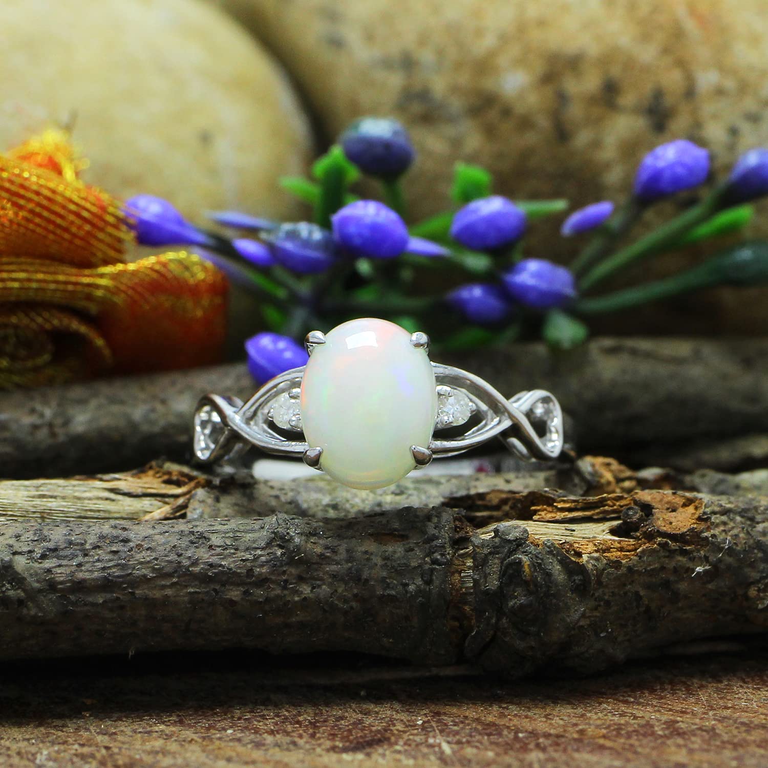 7X9MM Oval Cut Natural White Opal & Diamond Accent 14K Gold Over Sterling Silver Infinity Heart Ring - Women's Engagement Wedding Band (1.25Cttw) | Valentine's Gift, Anniversary Present, Bridal Jewelry, Romantic Proposal Ring for Her