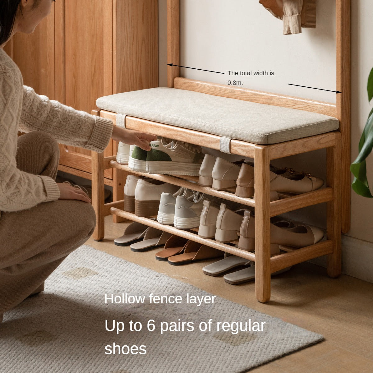 Solid Oak Wood Shoe Bench with Hooks - Entryway Organizer & Shoe Storage Stool for Hallway, Bedroom, or Mudroom