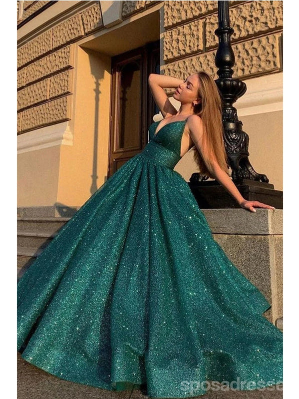 Elegant Green A-Line Spaghetti Strap V-Neck Long Prom Dress - Affordable Formal Gown for Homecoming, Evening Party & Special Occasions