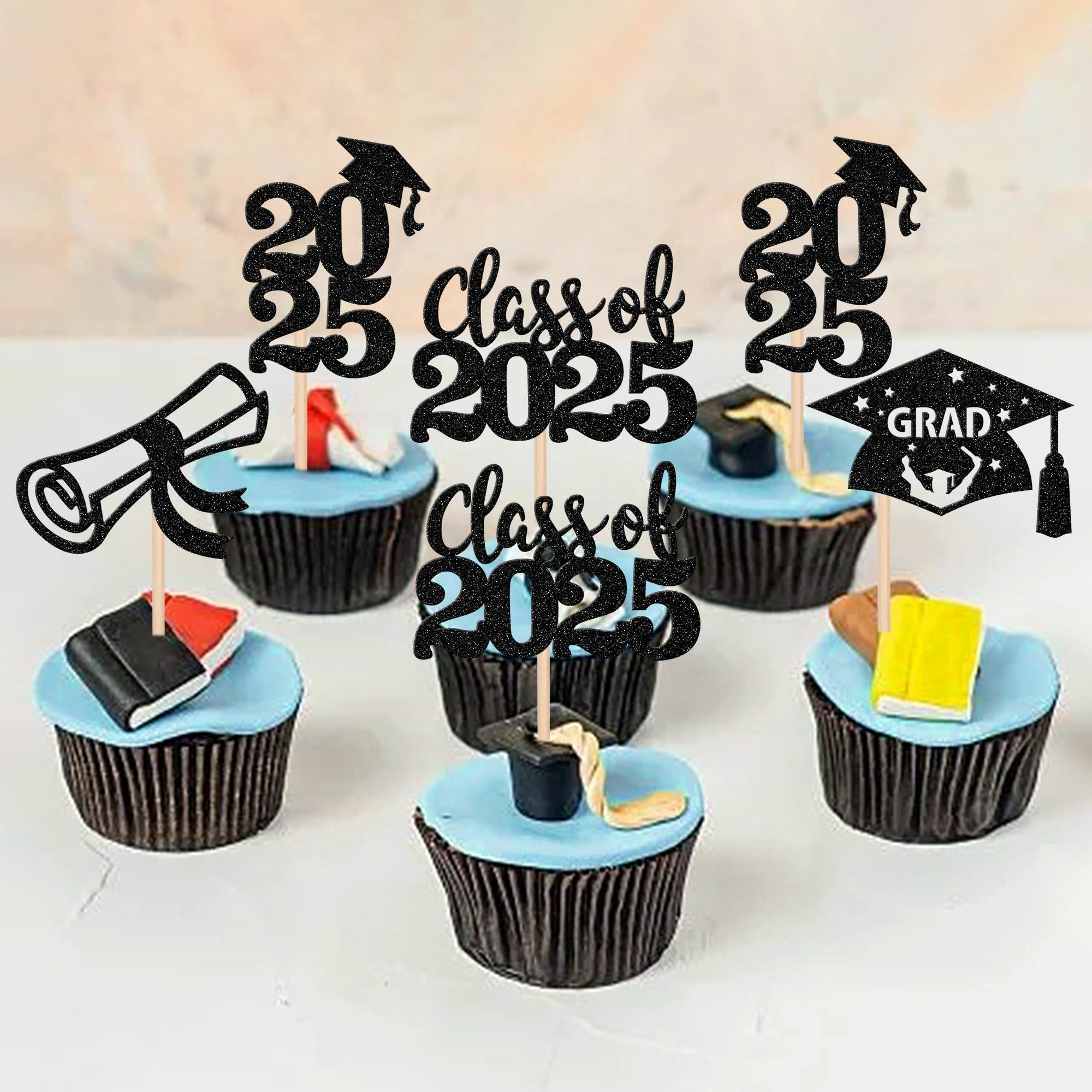 24 PCS 2025 Graduation Cupcake Toppers - Glitter Class of 2025 Diploma & Grad Cap Cupcake Picks - Perfect for Graduation Party Cake Decorations & Supplies (Black) - Ideal for Graduation Celebrations, School Parties & Dessert Table Decor