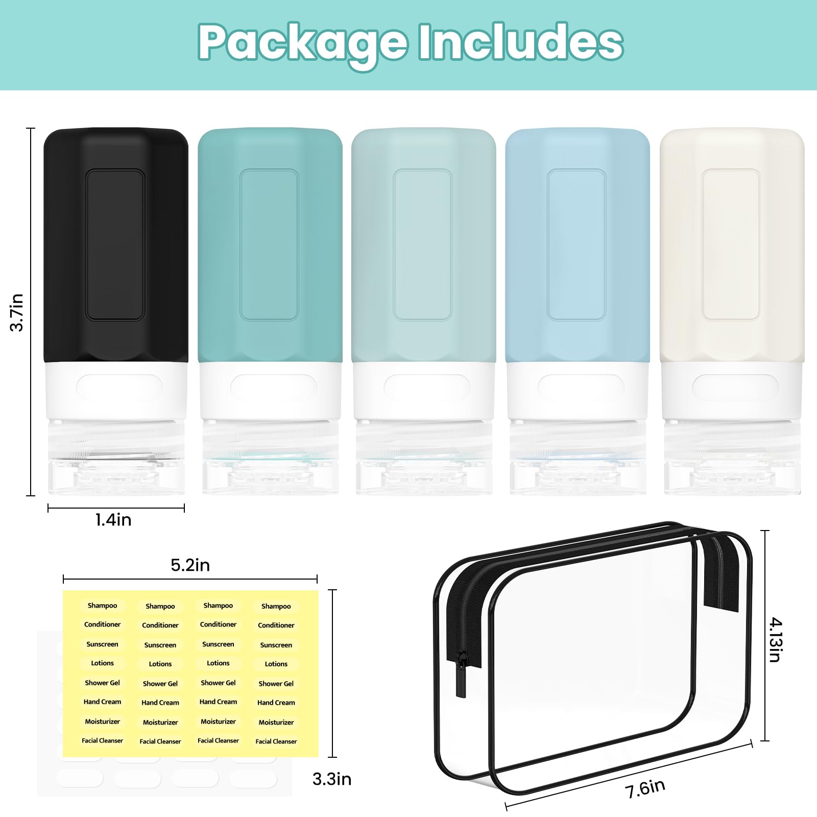 TSA Approved 2oz Leak Proof Silicone Travel Bottles for Shampoo, Conditioner & Lotion - Refillable Squeezable Toiletry Containers for Air Travel, Gym & Vacation Essentials