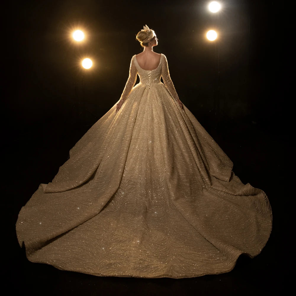 Elegant Square Collar Long Sleeve Wedding Dress - Luxury Bridal Gown for Church, Garden & Beach Weddings
