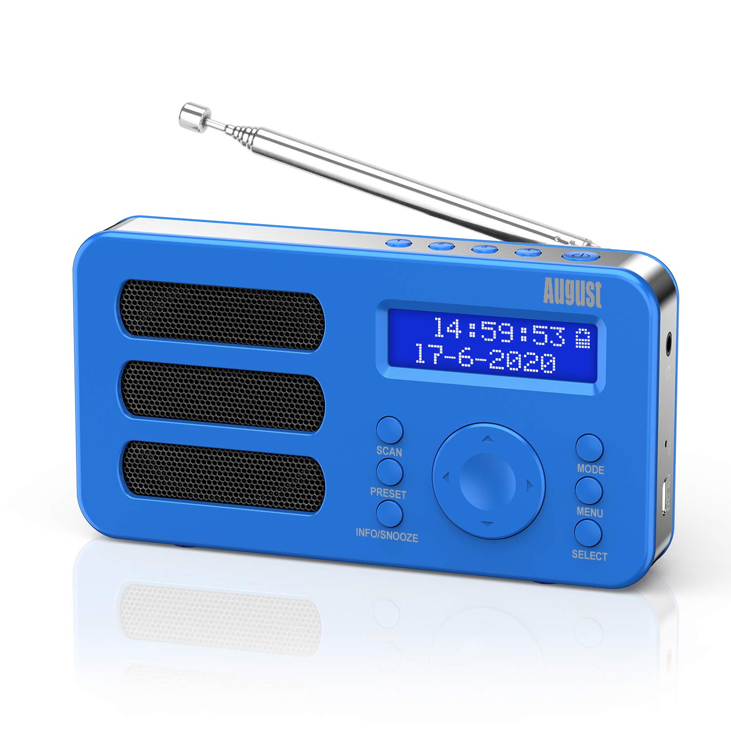Portable Rechargeable FM/DAB Digital Radio - August MB225 Compact Stereo Radio with Alarm, 40 Presets & Headphone Jack (Blue) - Perfect for Travel, Camping, and Home Use