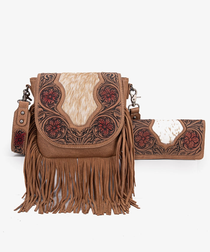 Genuine Hair-On Cowhide Crossbody Bag with Tooled Fringe - Trinity Ranch Western Style Purse for Women | Perfect for Rodeo, Country Concerts & Boho Fashion