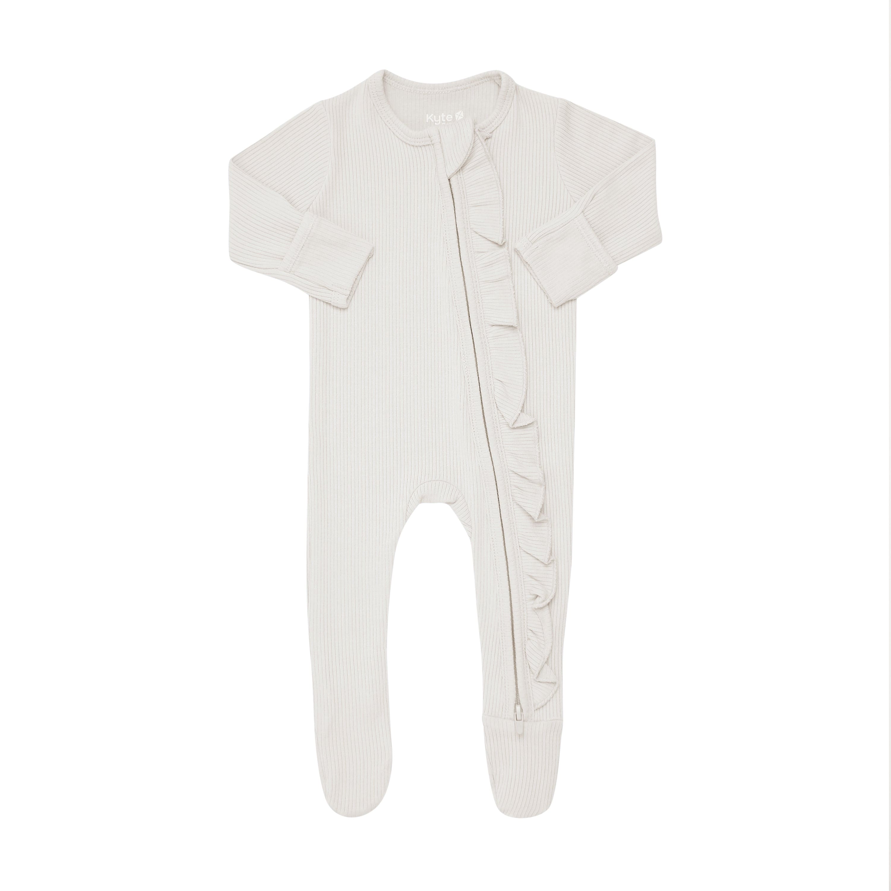 Stylish Ribbed Ruffle Zipper Footie Pajamas in Oat - Cozy & Comfortable Sleepwear for Women | Perfect for Lounging, Bedtime & Cold Weather