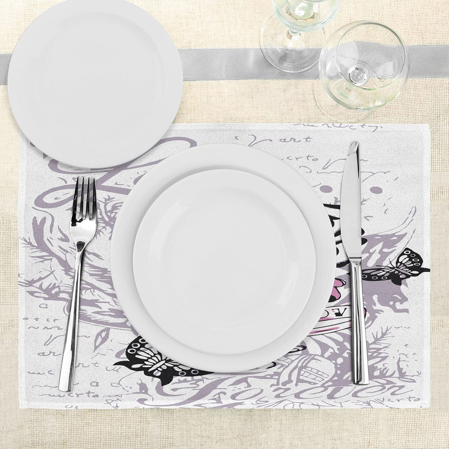 Ambesonne Rose Placemats Set of 4 - Abstract Floral with Butterflies Victorian Design Washable Fabric for Dining Table & Kitchen Decor in Pale Mauve Pink | Perfect for Romantic Dinners, Tea Parties & Home Decor
