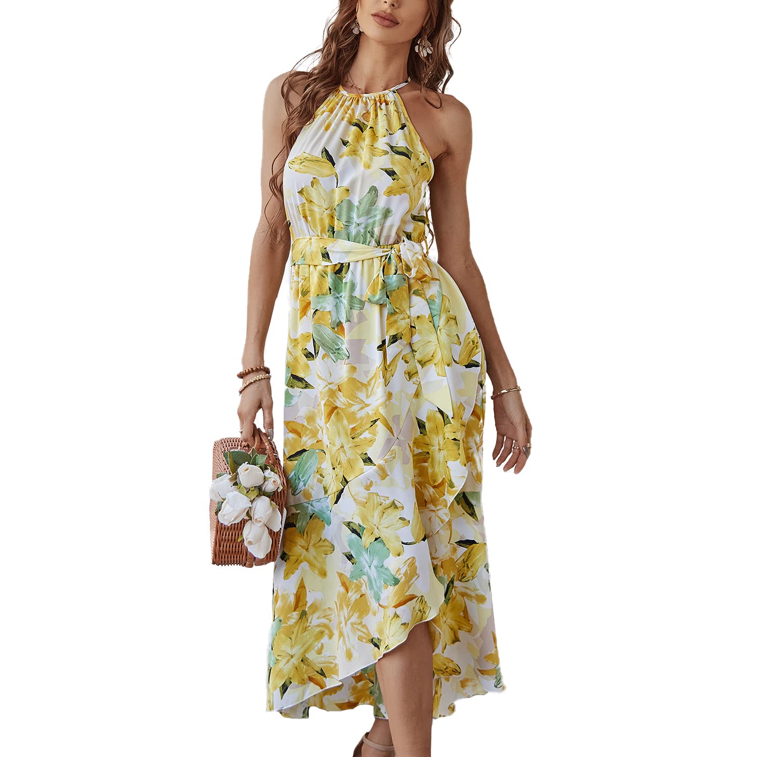 BROVAVE Women's Summer Casual Boho Polka Dot Sundress - Halter Neck Flowy Midi Dress for Beach Vacation, Garden Party & Summer Outings