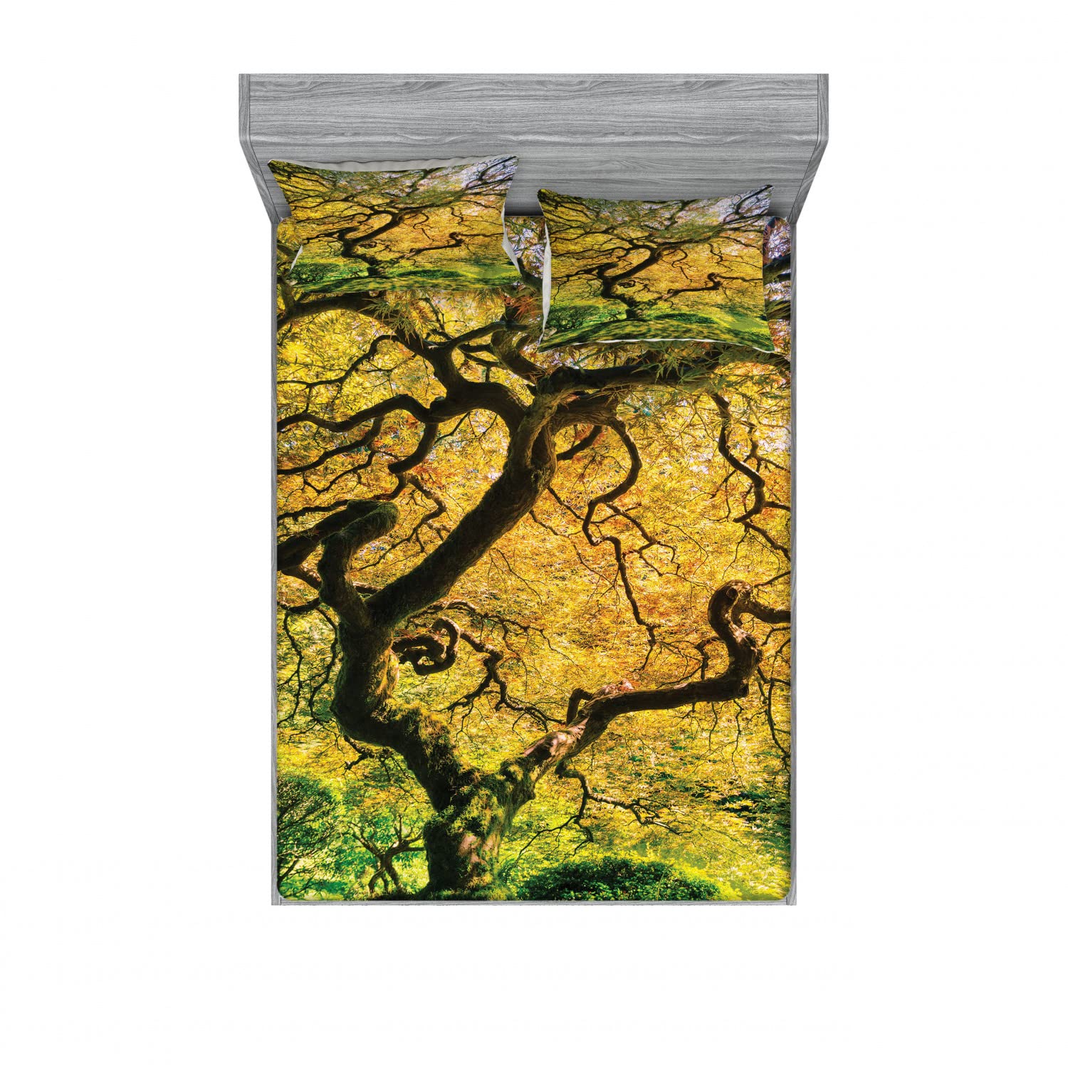 Ambesonne 2-Pack Tree Design Fitted Sheet & Pillow Sham Set - Large Maple with River Print, 4-Piece Full Size Bedding Set (2 Fitted Sheets + 4 Pillow Covers) in Green & Yellow | Perfect for Guest Rooms, Cabins & Nature-Themed Bedrooms