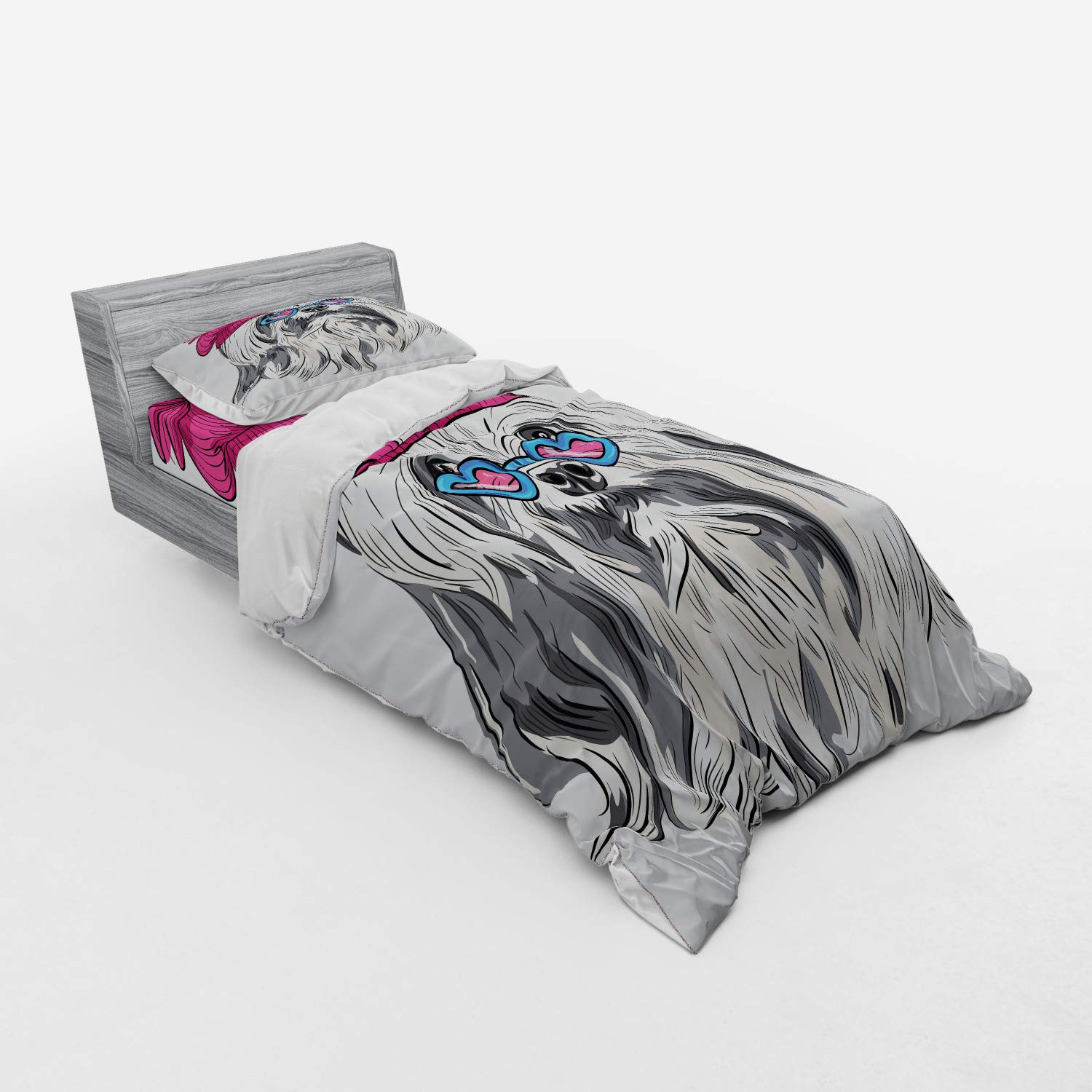 Ambesonne Indie 3-Piece Twin XL Bedding Set - Lion Bichon Lowchen Dog with Heart Glasses & French Hat Print Duvet Cover, Sham & Fitted Sheet - Grey Pink Blue Dog Lover's Bedroom Decor for Kids & Teens