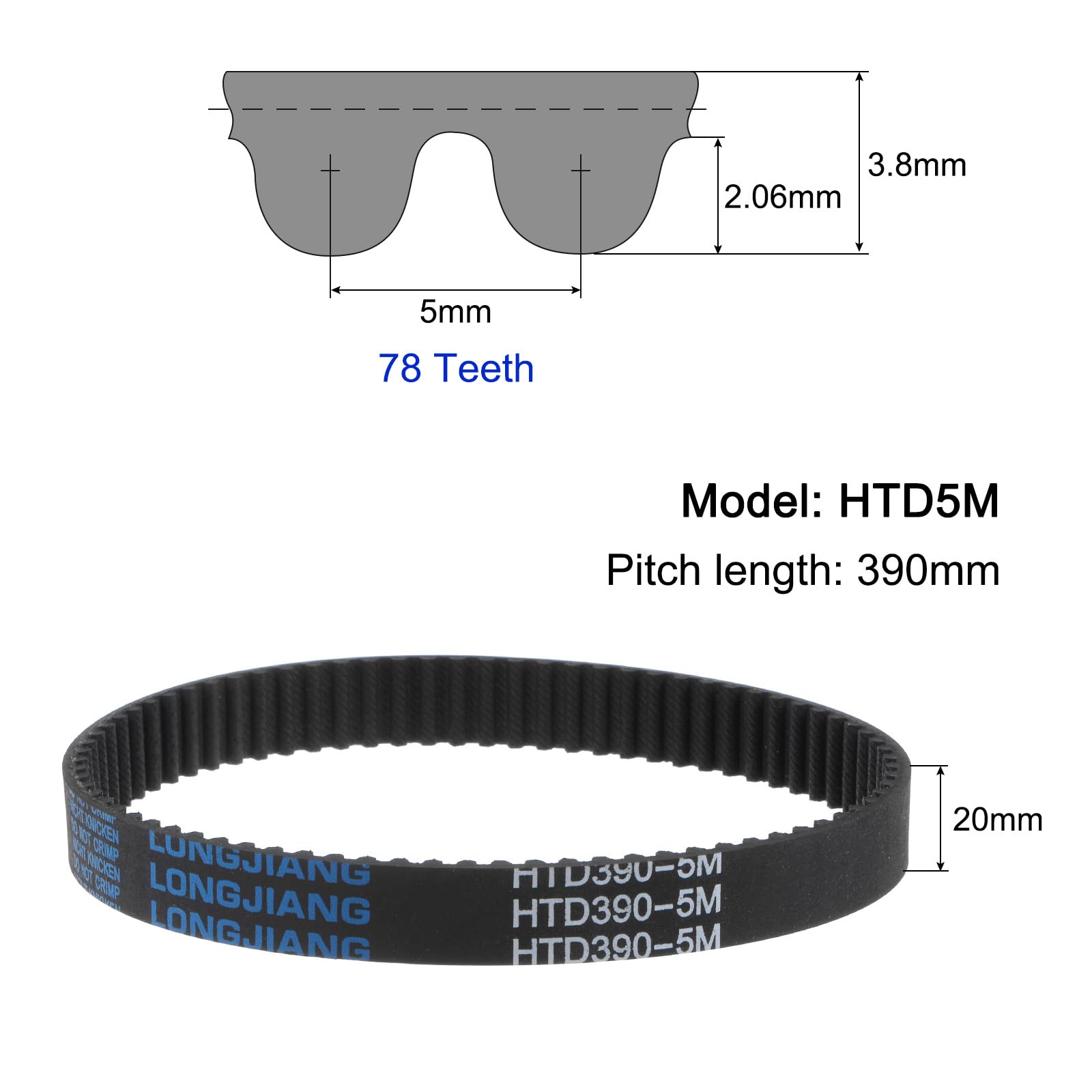 HTD5M-390 Rubber Timing Belt 78 Teeth 20mm Width 390mm Pitch Length Synchronous Drive Belt for 3D Printers, CNC Machines, and Industrial Equipment