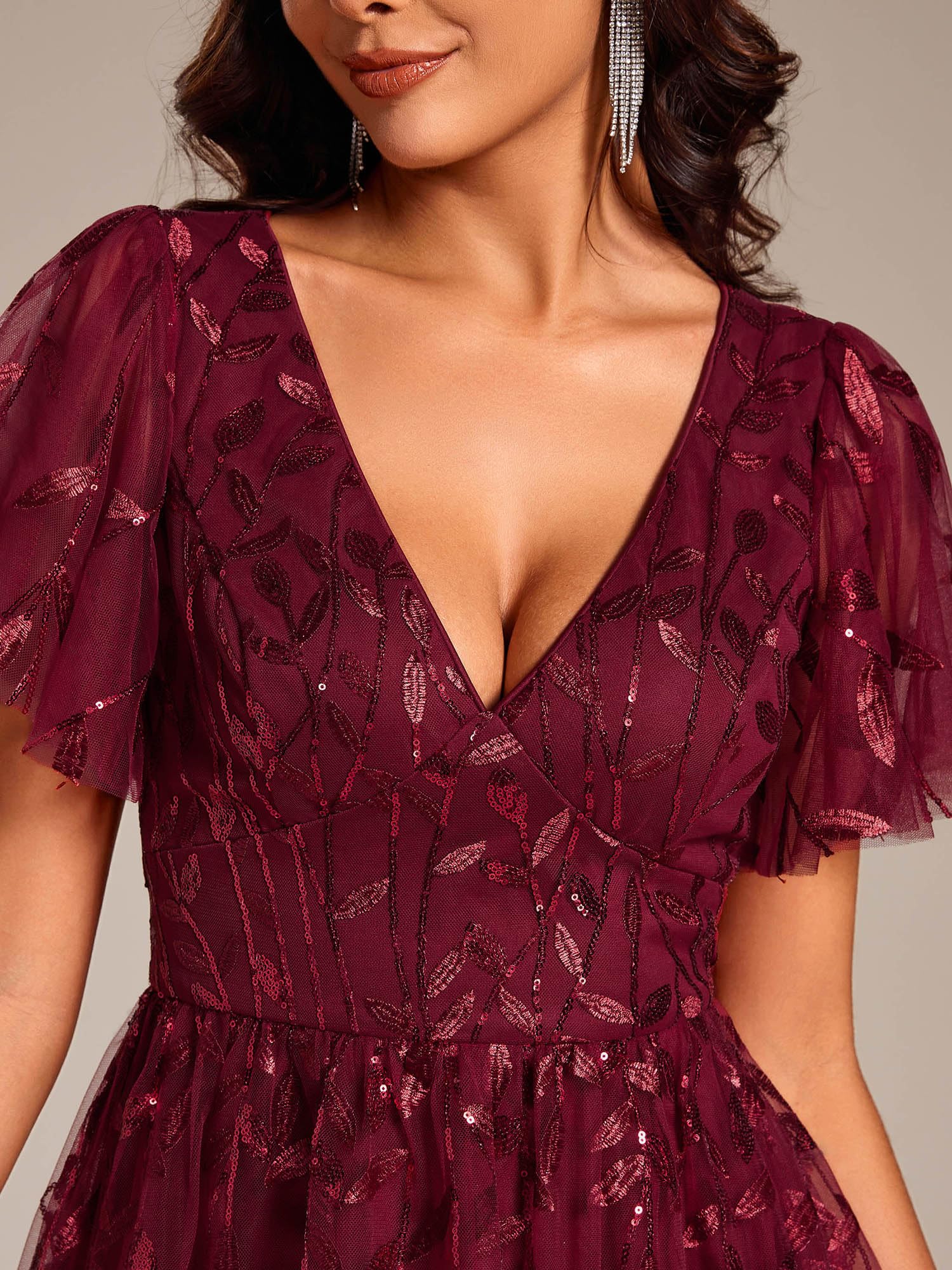Ever-Pretty Women's Elegant A-Line Embroidery Tulle Sequins Short Sleeves Midi Dress for Wedding Guest, Party, Cocktail & Special Occasions - Style 02230
