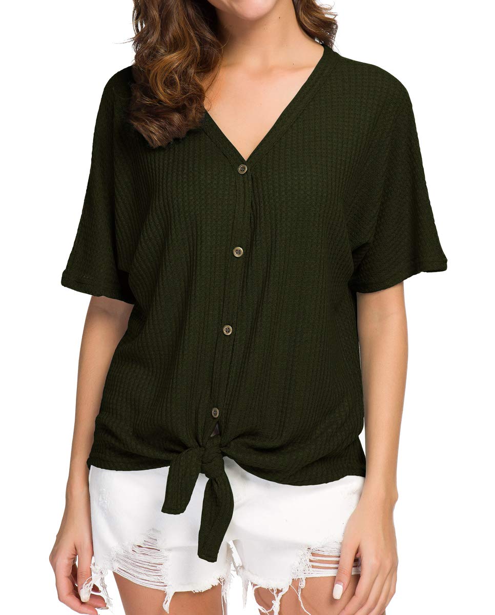 IWOLLENCE Women's Waffle Knit Tunic Blouse - Tie Knot Short Sleeve Henley Top, Loose Fit Batwing Shirt for Casual Wear, Office & Date Night Outfits