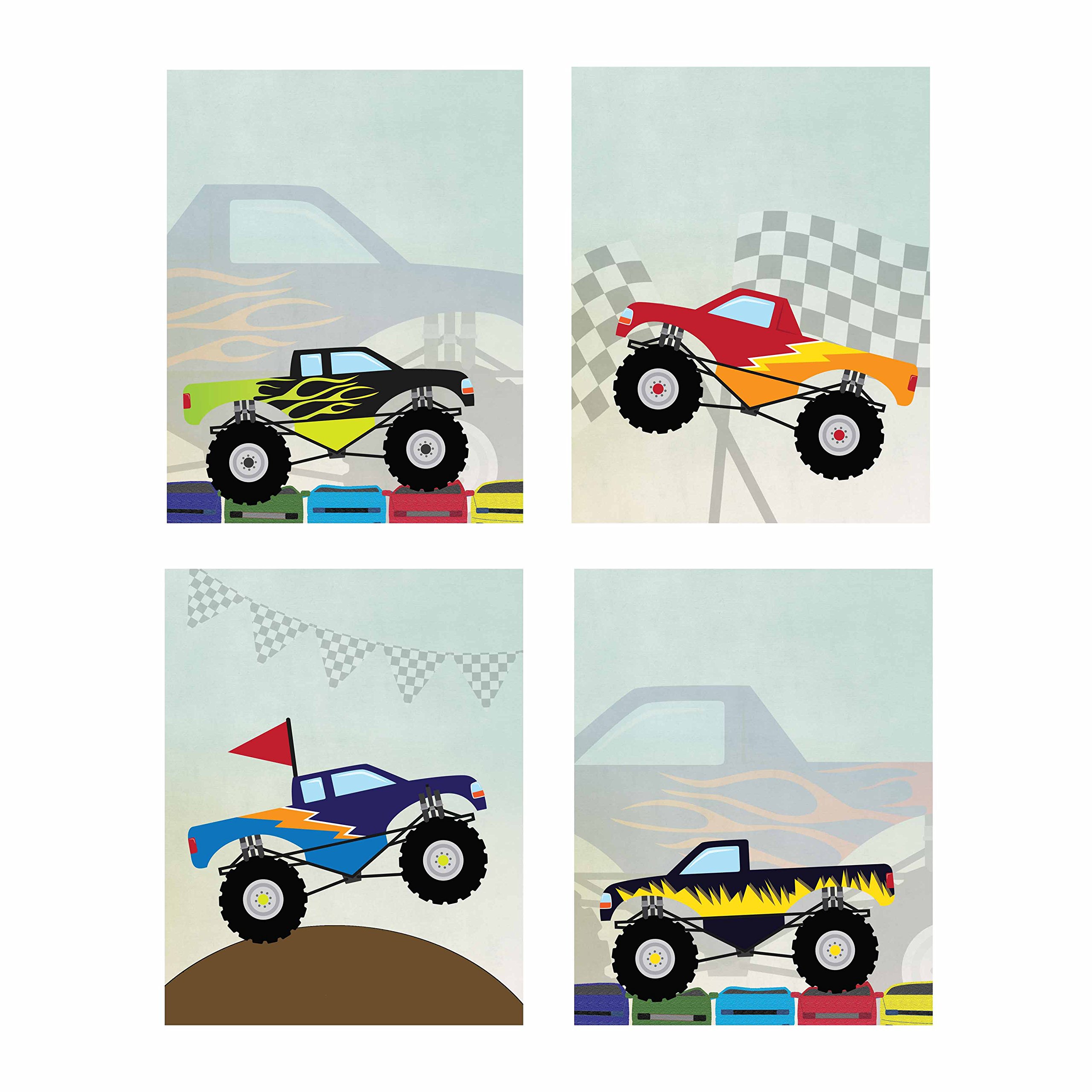 Artdash® Monster Trucks Wall Art Prints - Set of 4 (13x19 Inch) - Modern Bedroom Decor for Kids & Teens - Perfect for Boys Room, Playroom & Dinosaur Themed Nursery