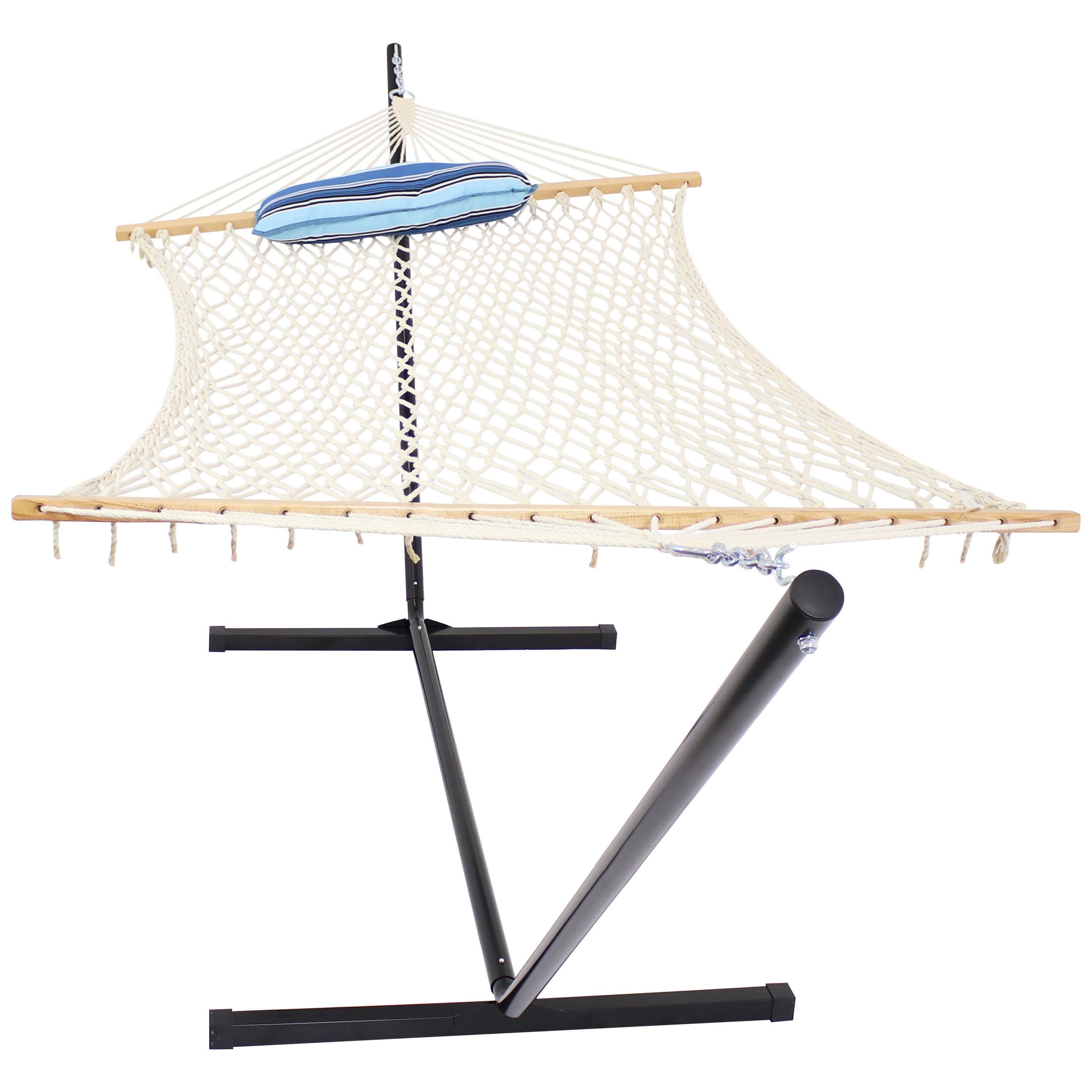 Premium Sunnydaze Rope Hammock with 12-Foot Steel Stand, Comfortable Pad & Pillow - Perfect for Backyard Relaxation, Beach Lounging & Outdoor Camping