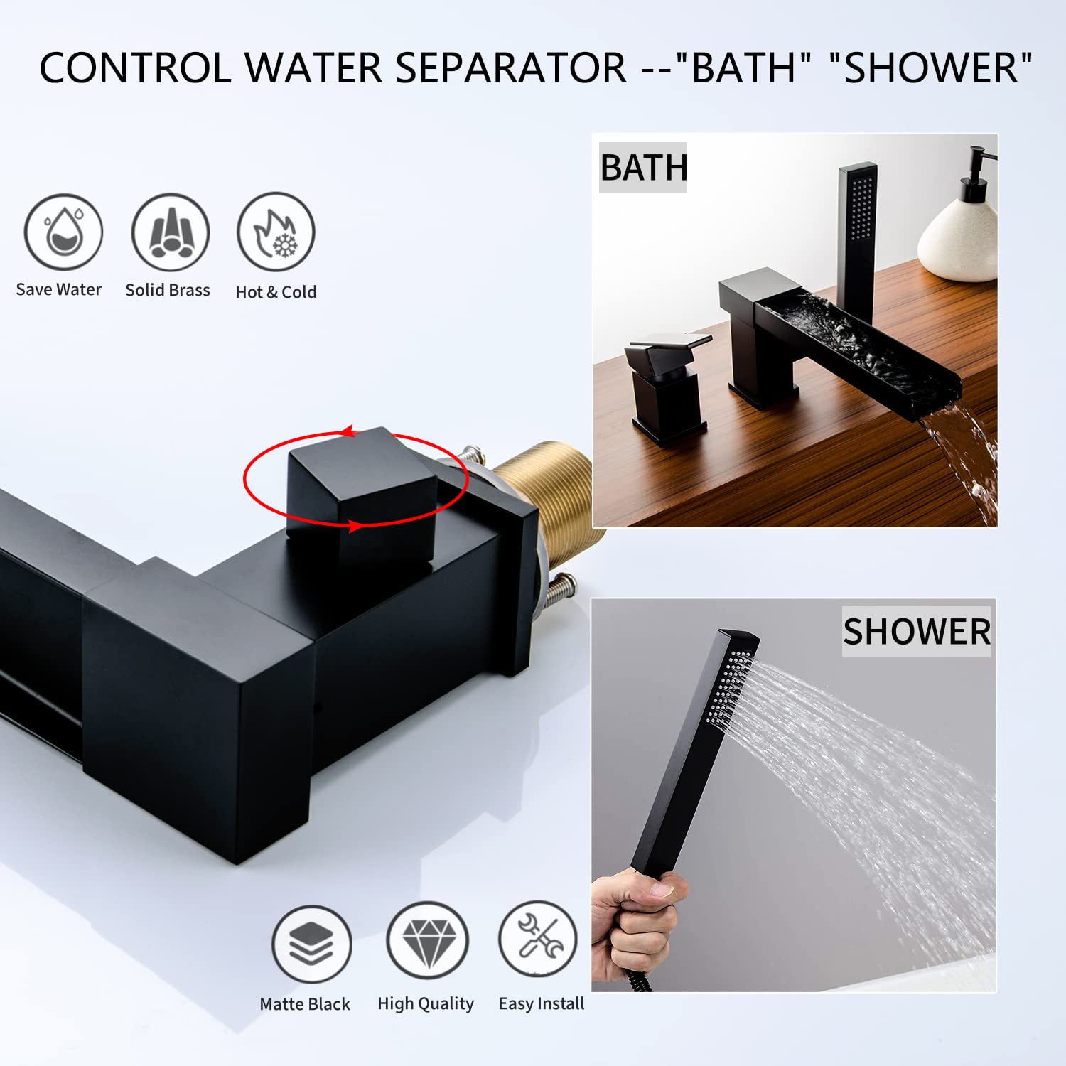 Black Roman Tub Faucet with Hand Shower - Deck Mount Bathtub Faucet Set with Waterfall Sprayer | Luxury Bathroom Upgrade for Spa-Like Experience