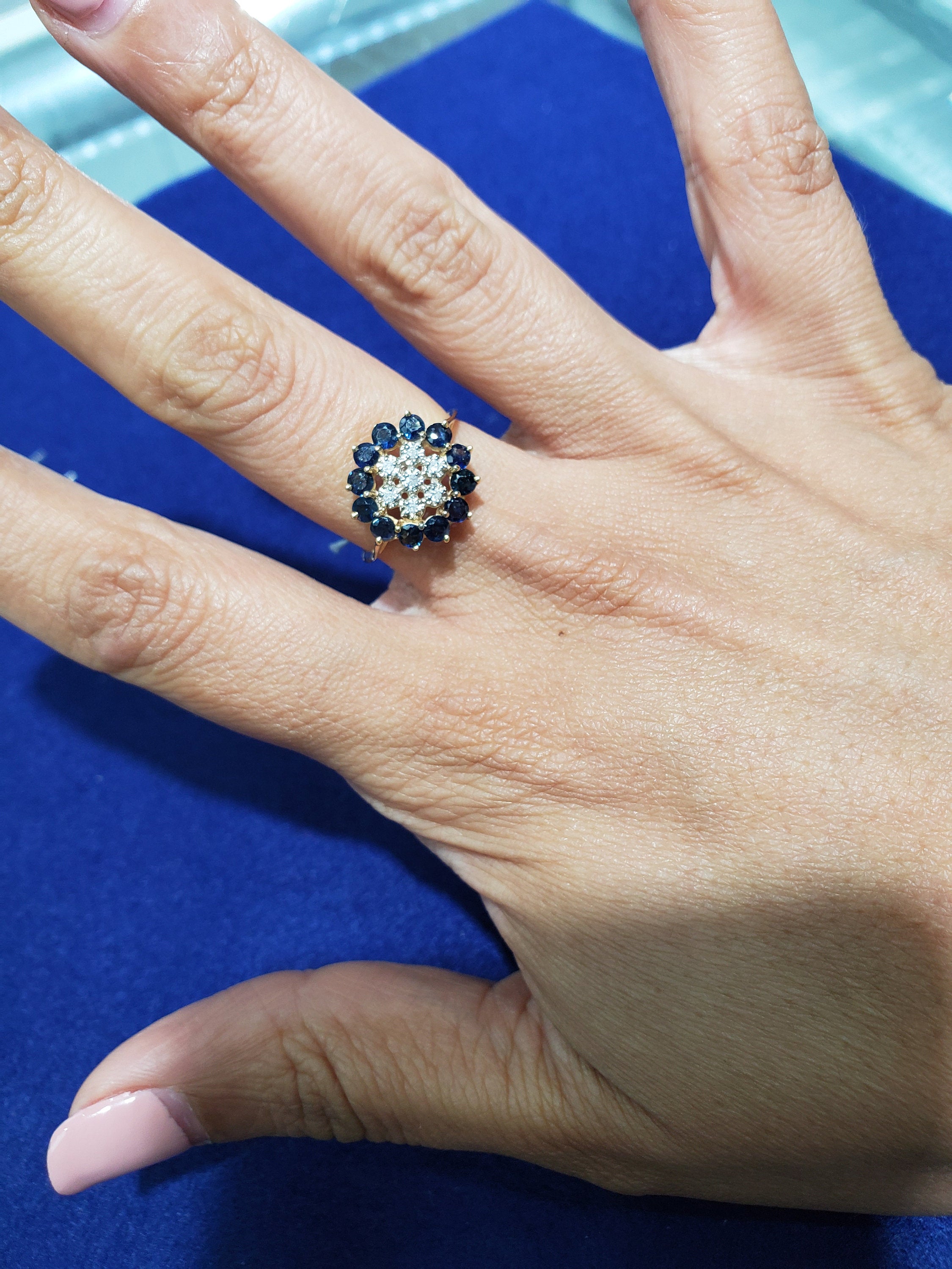 14K Yellow Gold Sapphire Diamond Sunburst Ring for Women - Elegant Statement Jewelry for Weddings, Parties & Special Occasions