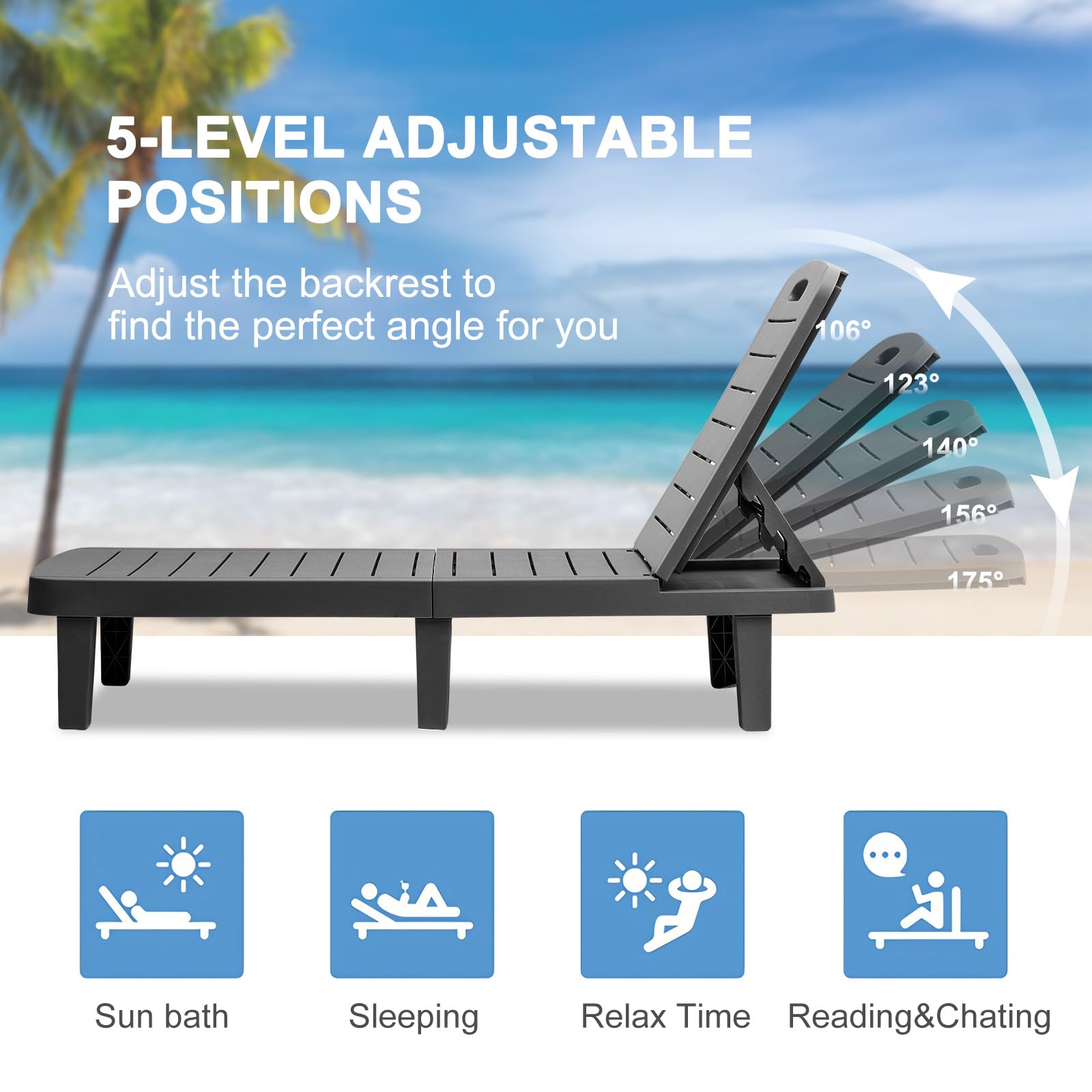 **Waterproof Resin Chaise Lounge Outdoor - Adjustable 5-Position Recliner Chair for Patio, Poolside, Beach & Yard - All-Weather Durable Black Lounge Chair (1PCS) - Perfect for Sunbathing, Relaxing & Outdoor Lounging**