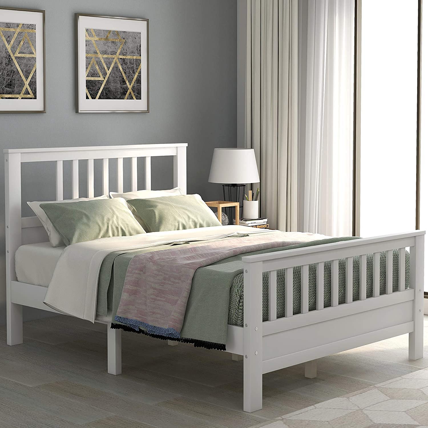 **Solid Wood Full Size Platform Bed Frame with Headboard - No Box Spring Needed, Wood Slat Support Mattress Foundation - Perfect for Kids' Room, Guest Bedroom & Modern Home Decor (White, Full)**