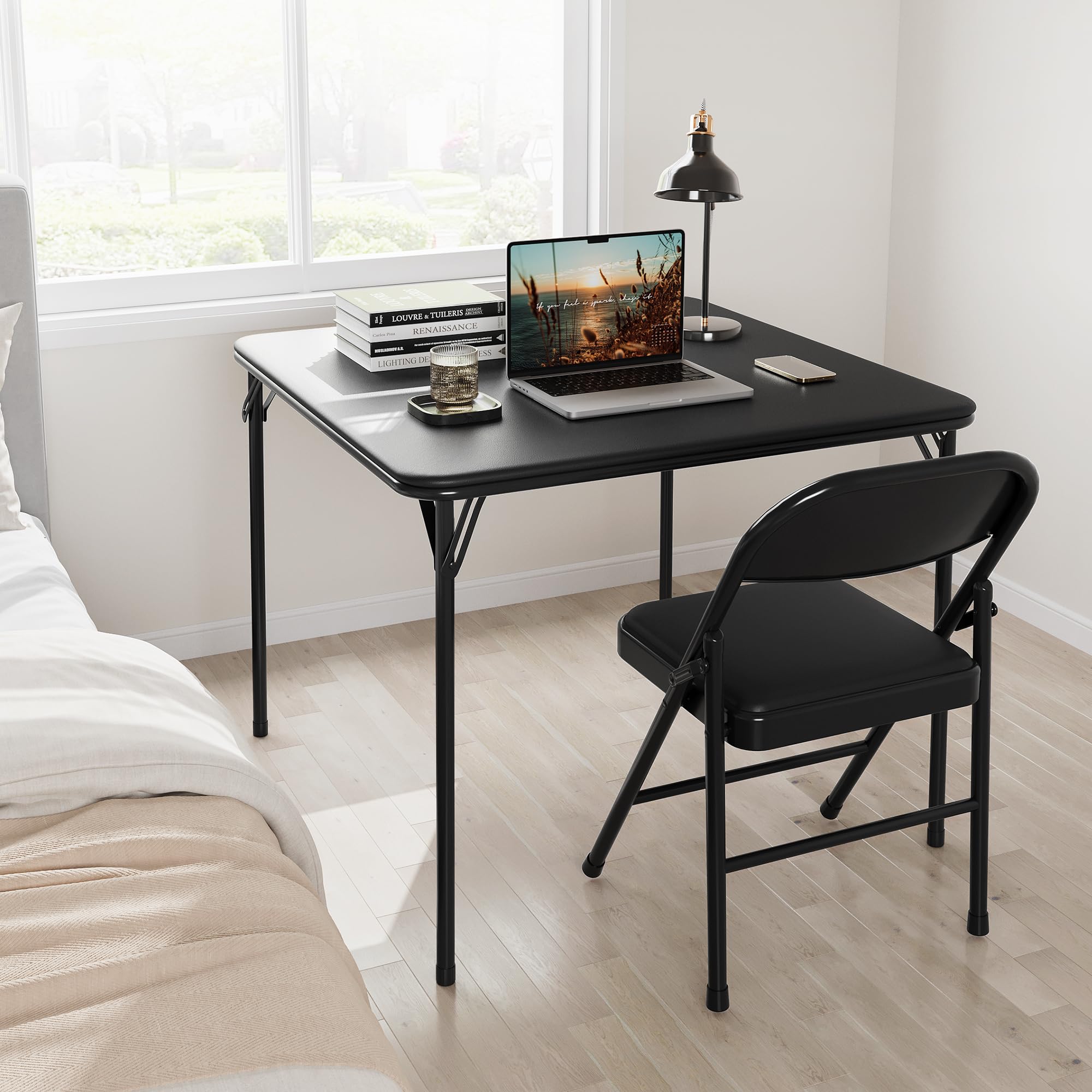 Portable Folding Card Table and 4 Chairs Set - PU Upholstered Metal Frame Foldable Dining Furniture for Home, Office, Camping & Outdoor Use - Black (Perfect for Game Nights, BBQs, and Small Space Living)