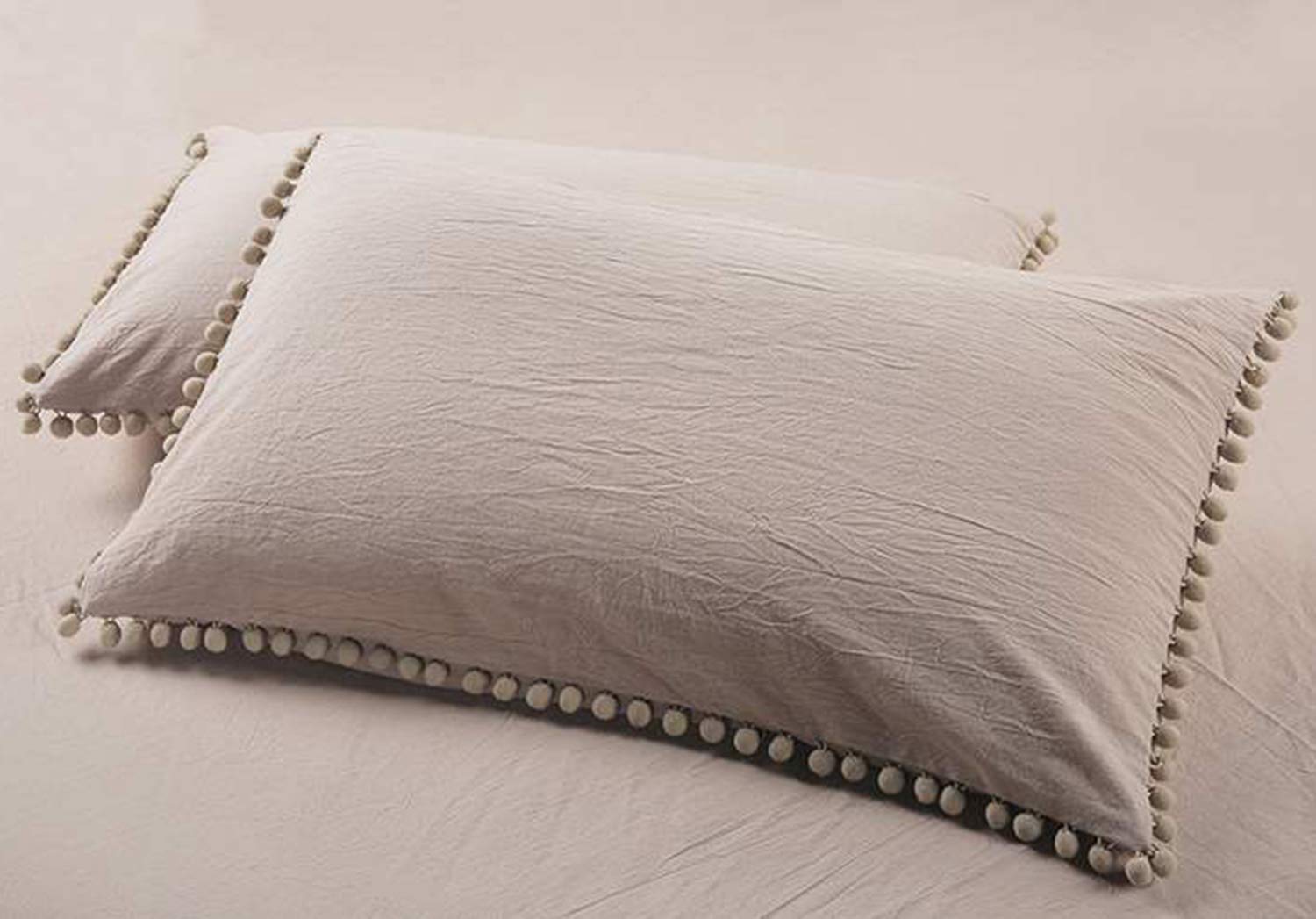 TanNicoor Pom Fringe Duvet Cover Set - 2 Piece Ultra Soft Washed Cotton Bedding Set with Zipper Closure, Modern Style Comforter Cover for Twin Bed (Khaki) | Cozy Home Decor for Bedroom & Guest Room