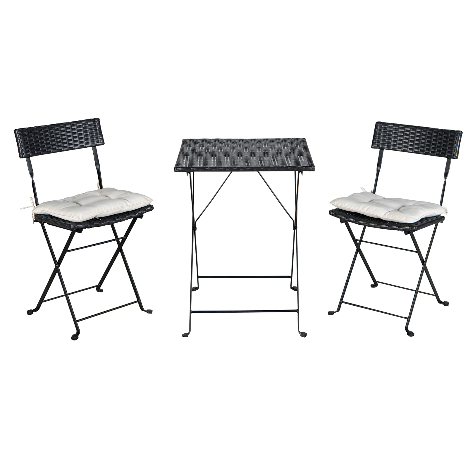 Lazyspace Patio Black PE Wicker Folding Bistro Set - 1 Table & 2 Chairs with Beige Cushions - Outdoor Dining Furniture for Garden, Balcony, and Backyard Relaxation