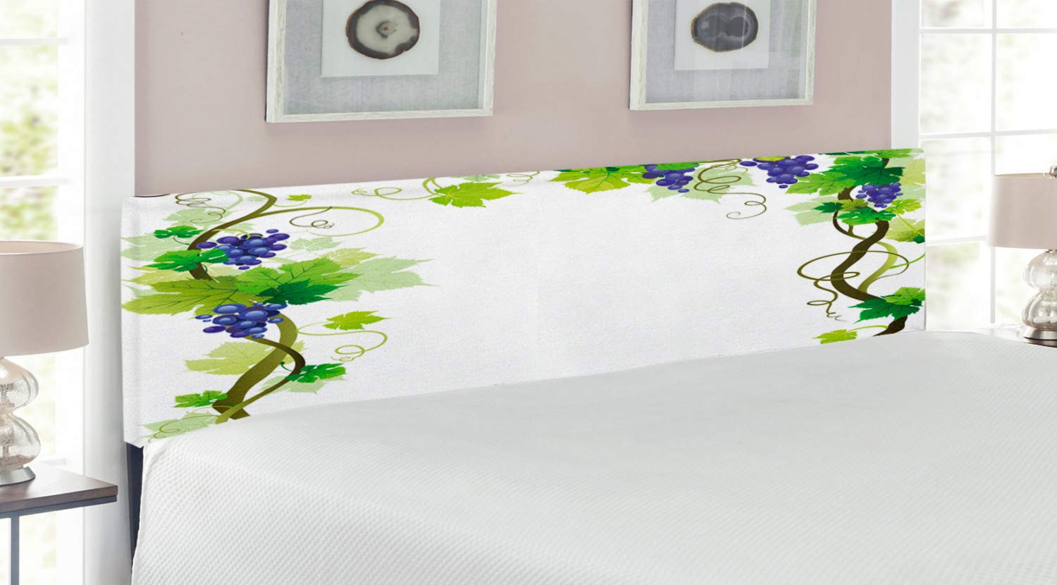 Ambesonne Vineyard King Size Upholstered Headboard - Swirled Leaves & Fruit Garden Print, Decorative Metal Frame with Memory Foam, Green | Perfect for Bedroom Decor, Wine Theme Rooms & Farmhouse Style Homes