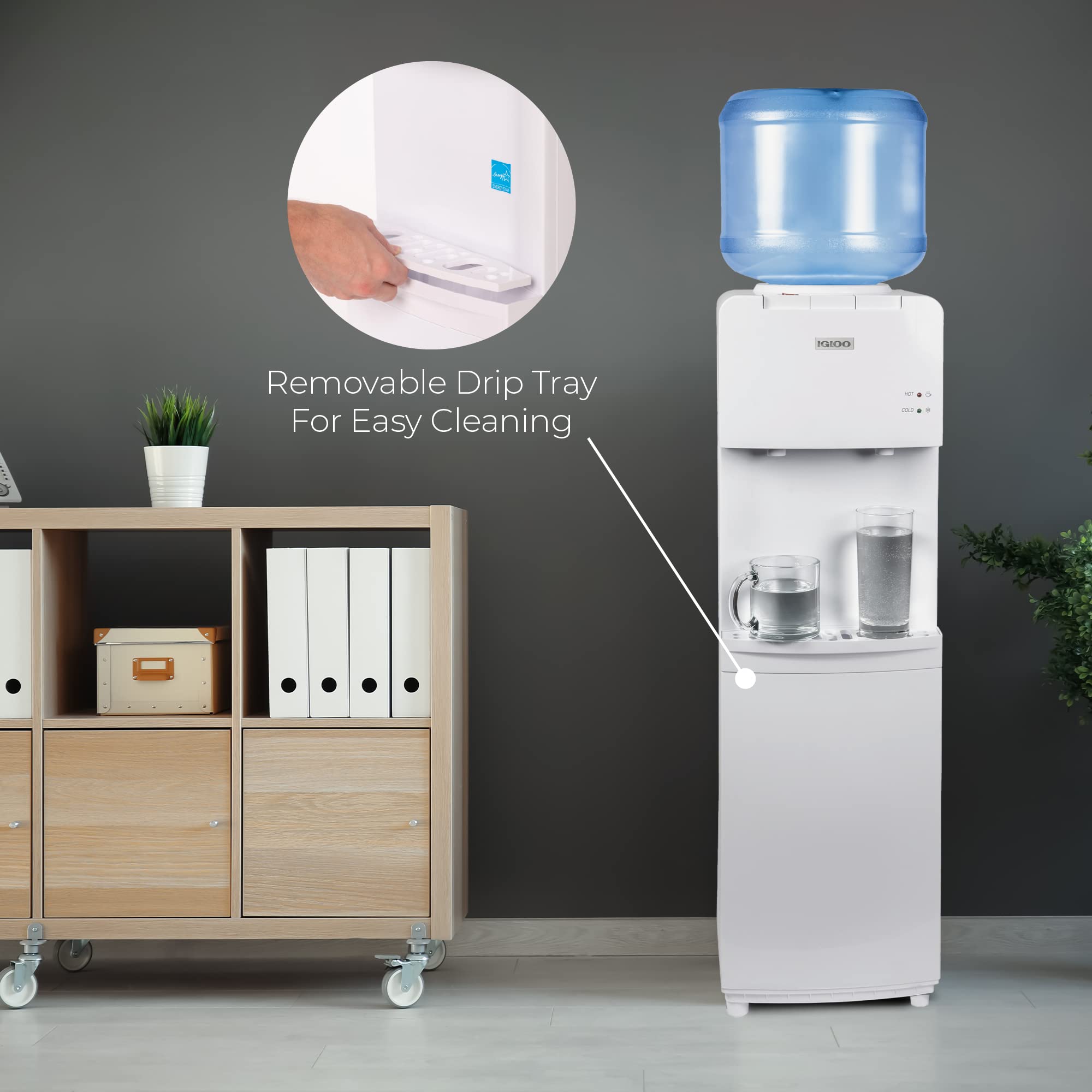 Igloo Top Loading Hot and Cold Water Dispenser - 5 Gallon & 3 Gallon Bottle Water Cooler with Child Safety Lock - Energy Efficient Home & Office Water Machine - White - Perfect for Kitchens, Break Rooms, and Dorm Rooms