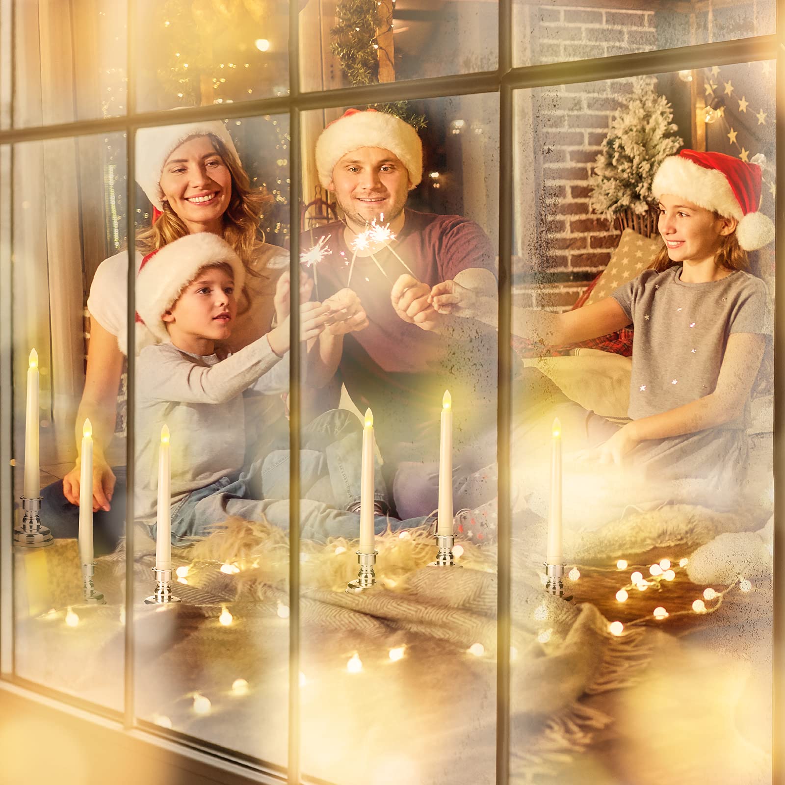 LED Flameless Taper Candles with Remote & Timer - Battery Operated Flickering Warm White Light - Christmas Wedding Party Holiday Decor - Window Table Centerpiece Decorations (9 Pack, Ivory + Silver Holder) - Perfect for Christmas Mantel, Dining Table, Wedding Centerpieces and Holiday Home Decor