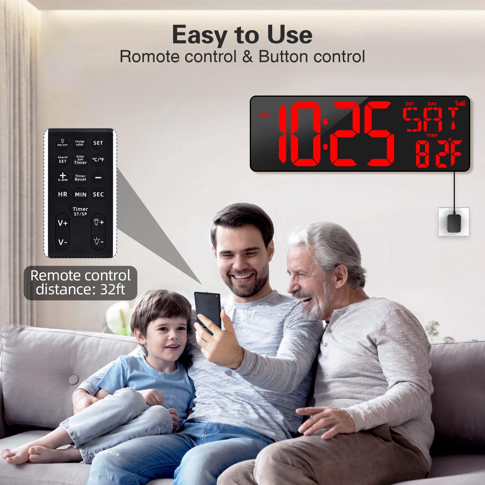 XREXS 16.5 Inch Large Digital Wall Clock with WiFi Sync - Big LED Display Shows Time, Temperature, Date & Week - Remote Control Alarm Clock with Auto-Dimming for Home, Office, Classroom and Bedroom