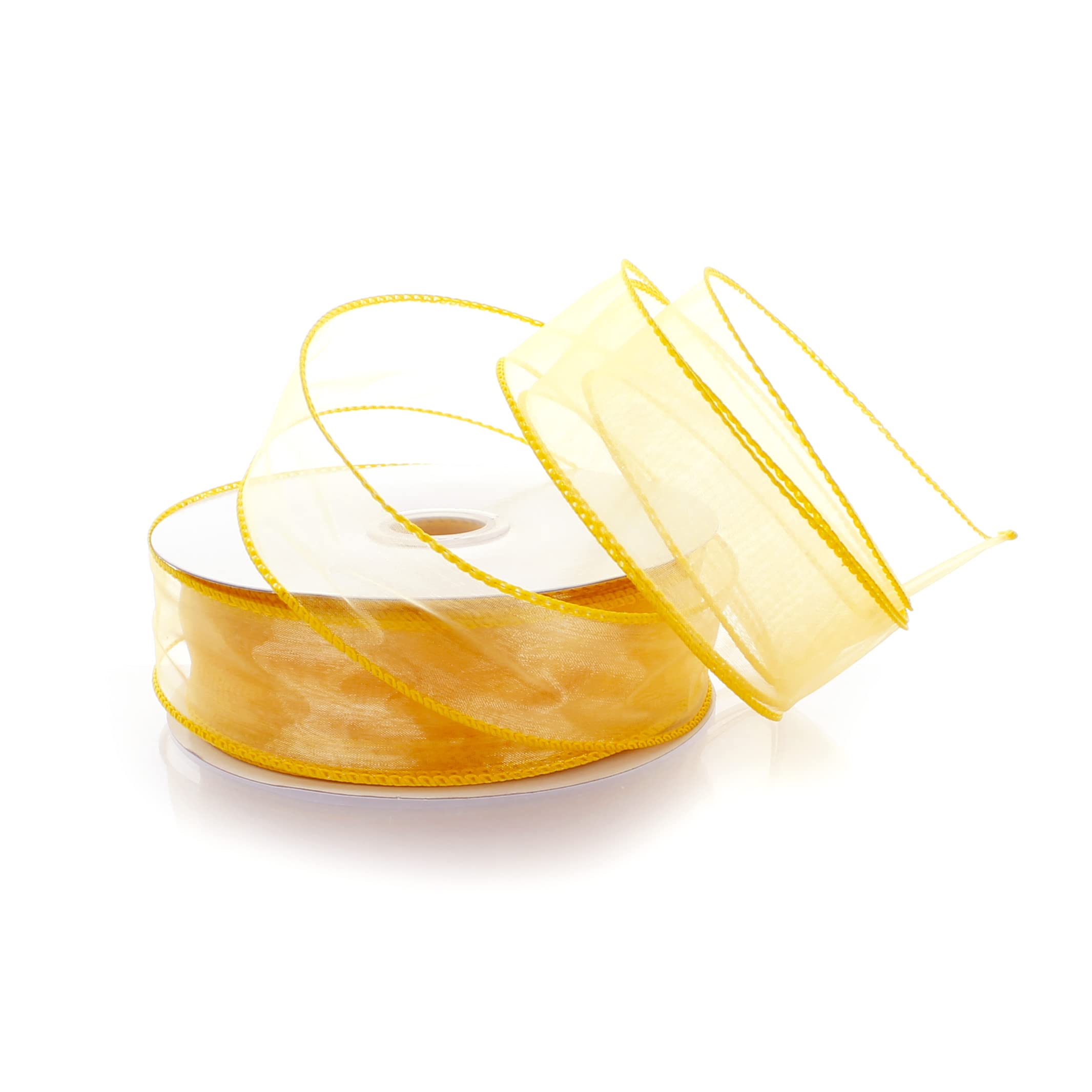 1.5 Inch Wired Sheer Organza Ribbon - Yellow Gold Decorative Ribbon (10 Yards) for Gift Wrapping, Wedding Decorations & Craft Projects