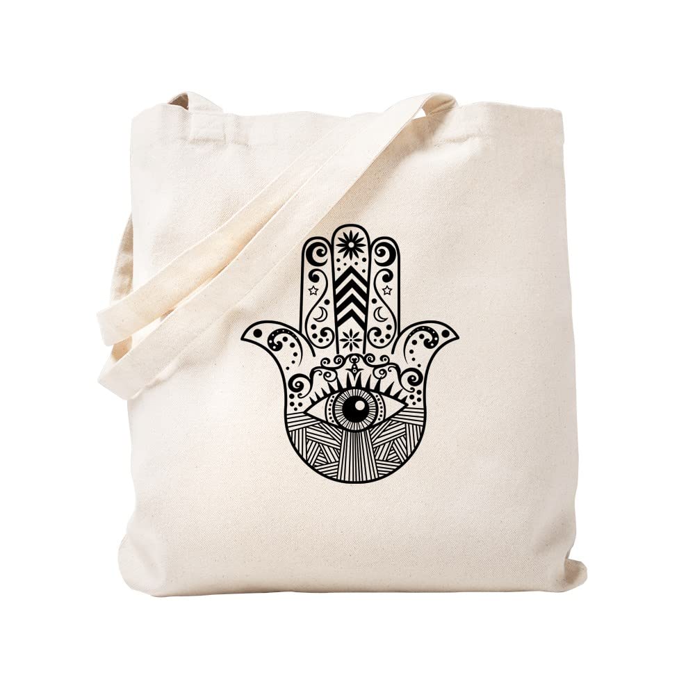 Hamsa Hand Black Tote Bag - Natural Canvas Reusable Shopping Bag for Groceries, Beach, Work & Travel | Eco-Friendly Cotton Tote with Spiritual Design