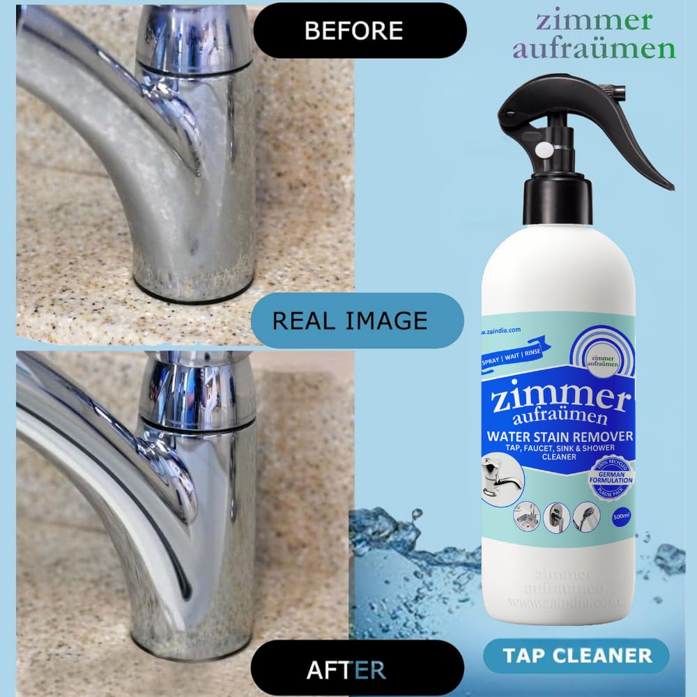 Zimmer Tap Cleaner Spray 450ml - Bathroom & Kitchen Faucet Cleaner for Shower, Sink - Removes Limescale, Hard Water Spots, Soap Scum & Stains - Perfect for Chrome, Stainless Steel Fixtures - Keep Your Taps Sparkling Clean!
