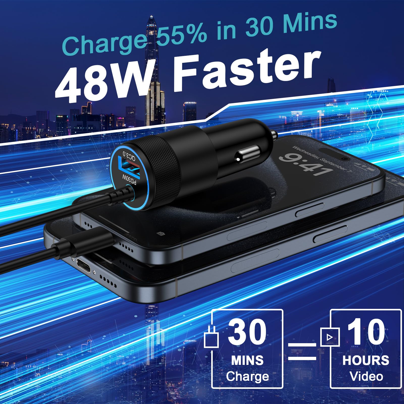 48W Fast Car Charger USB C - Dual Port Car Charger Adapter for iPhone 16/15 Pro Max/14/13/12, Samsung Galaxy S24 Ultra/S23/S22, Google Pixel 9 Pro XL - Quick Charge 3.0 for Road Trips & Daily Commute