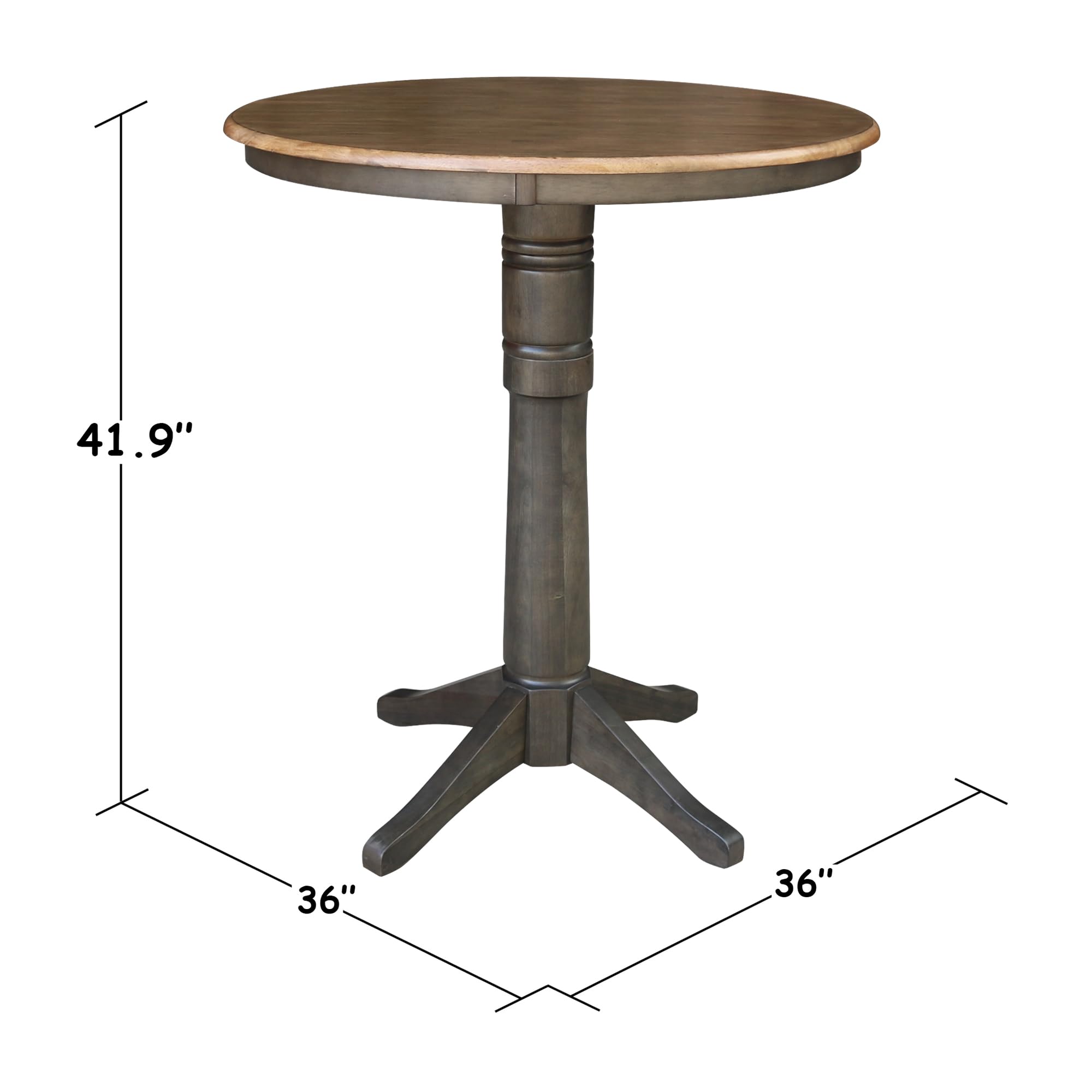 IC International Concepts Round Top Pedestal Dining Table - 36 Inch Bar Height - Solid Hickory Wood with Washed Coal Finish - Perfect for Kitchen, Breakfast Nook & Small Space Dining