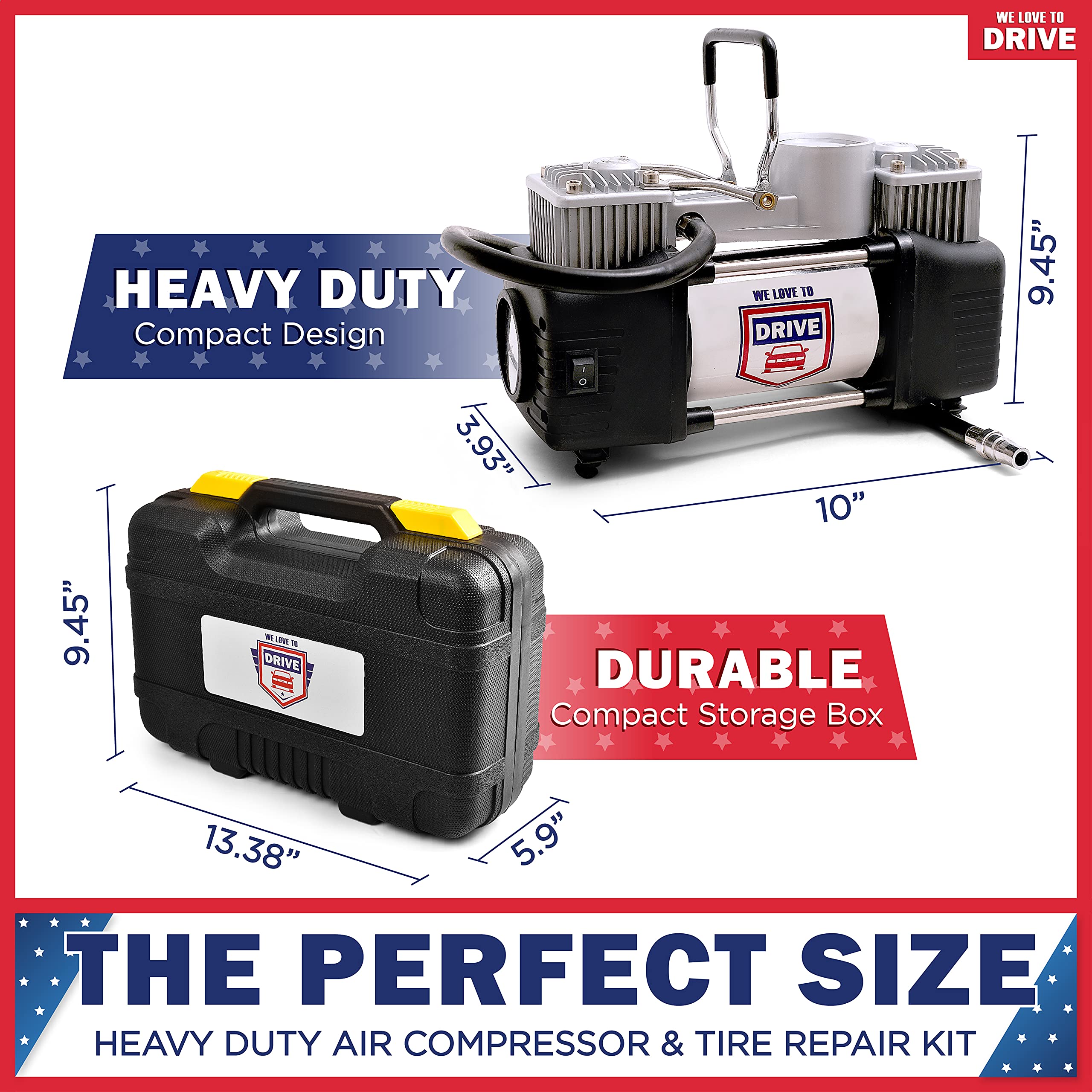 Portable 12V Air Compressor for Car Tires - 150PSI Tire Inflator with Repair Kit | Emergency Roadside Use