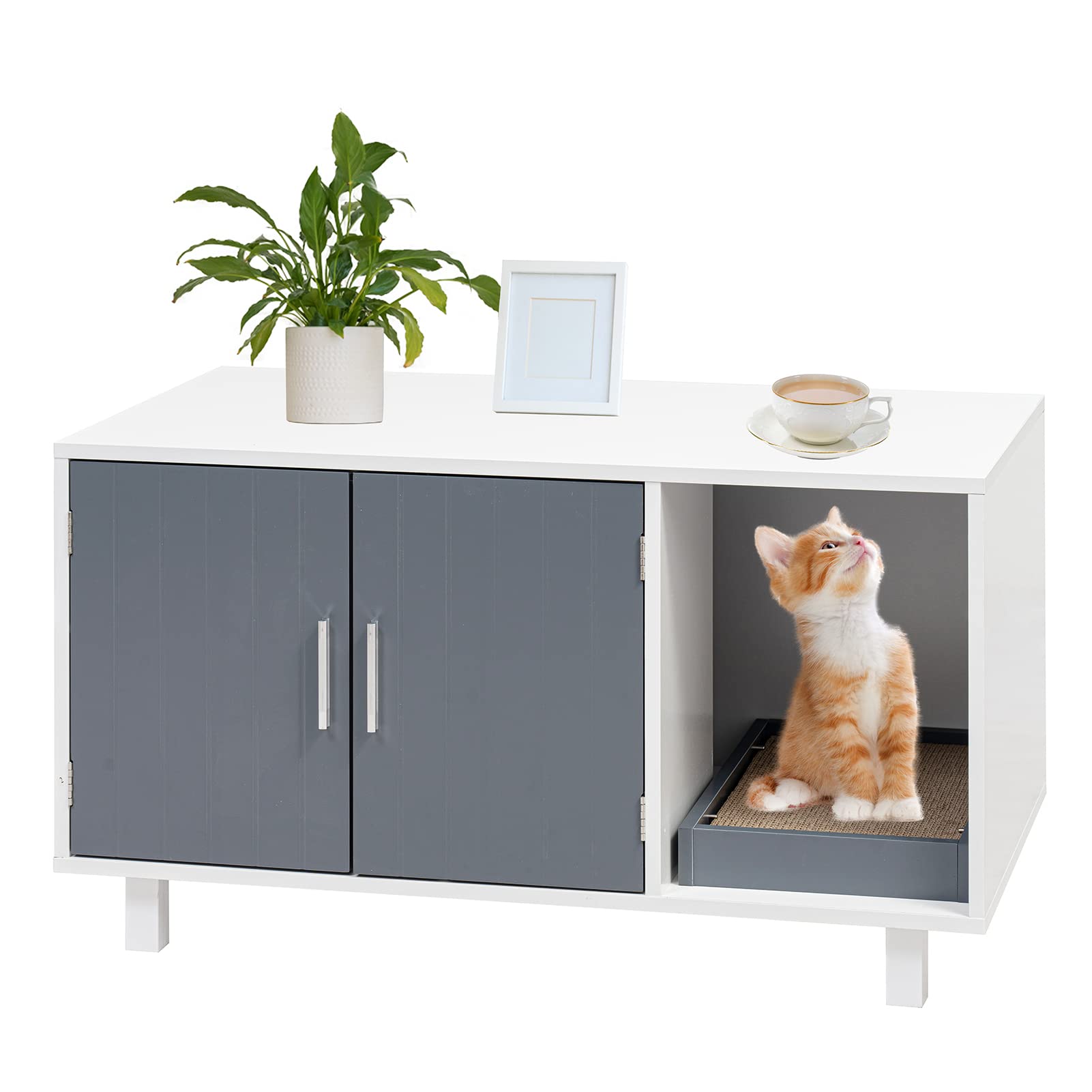 Obbao Wooden Cat Litter Box Enclosure - Decorative Pet Furniture Cabinet with Scratch Pad for Kittens | Stylish Hidden Litter Box Solution for Home & Apartment
