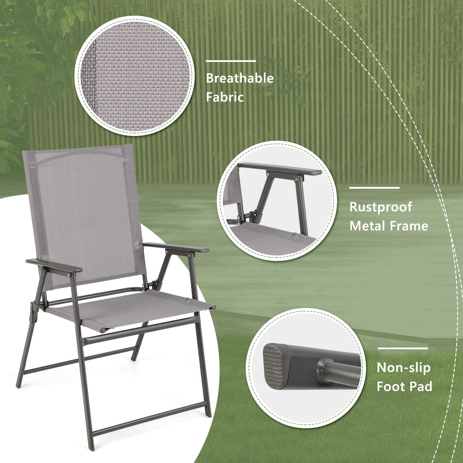 Giantex 4-Pack Folding Patio Chairs Set - Rustproof Metal Frame Outdoor Lawn Chairs for Porch, Deck, Garden, Backyard & Camping - Portable Dining Chairs (Gray) - Perfect for Outdoor Gatherings, BBQs, Picnics and Beach Trips