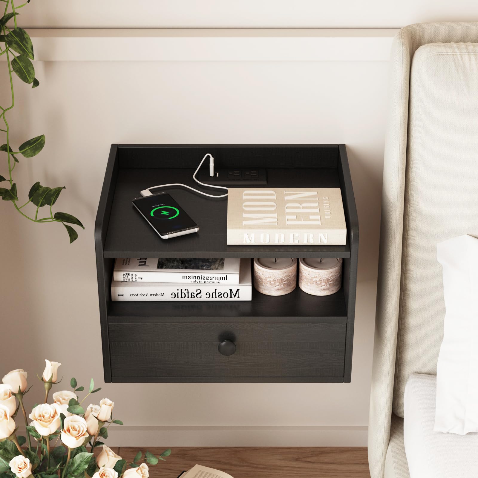 Modern Floating Nightstand Set of 2 - Wall Mounted Bedside Tables with Drawer & Open Shelf, USB Charging Station - Space Saving Night Stands for Small Bedroom, Apartment, Dorm (Black) - Perfect for Minimalist Home Decor & Compact Living Spaces