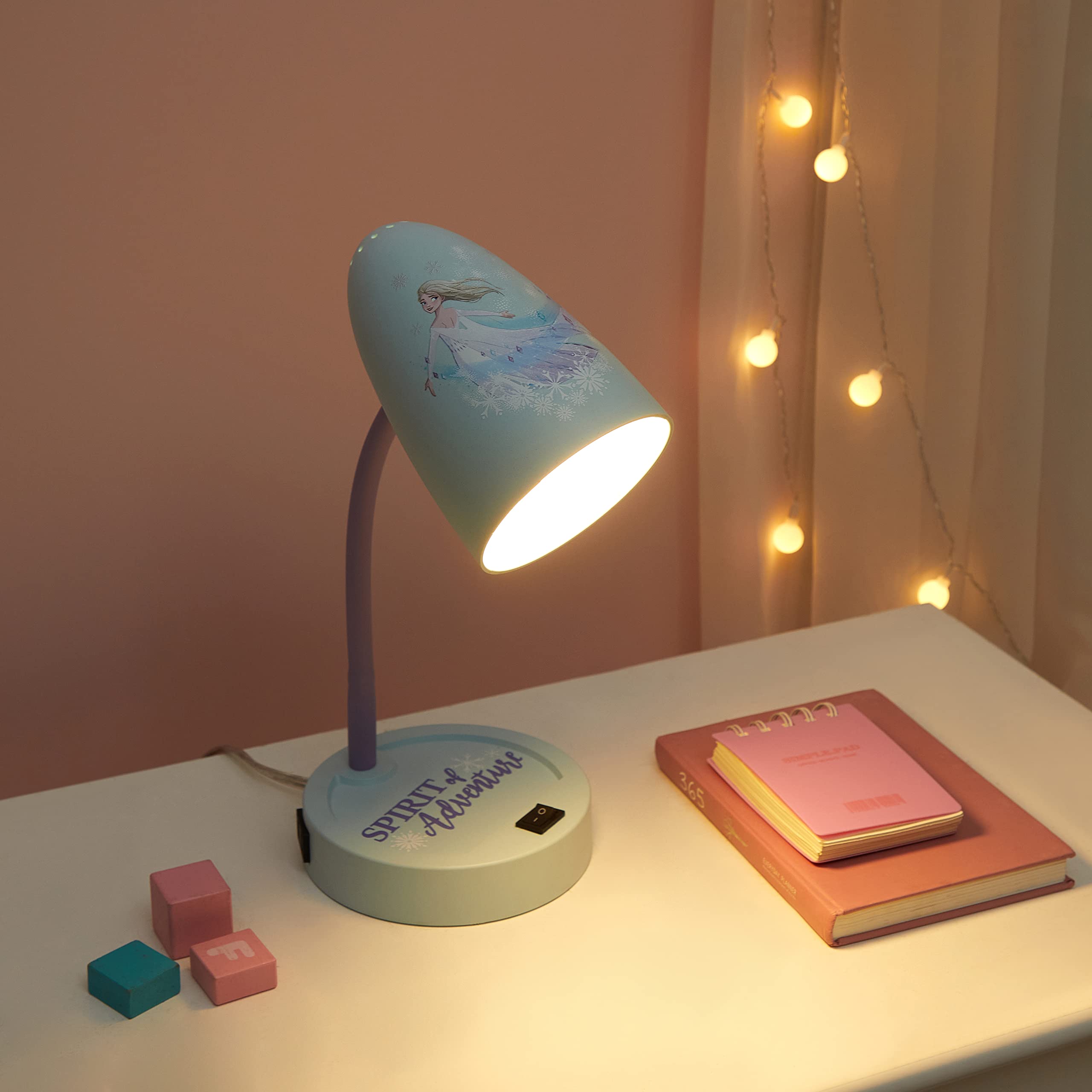Disney Frozen LED Desk Lamp with USB Charging Port - Switch Operated Night Light for Kids Room, Study Table & Bedside Reading
