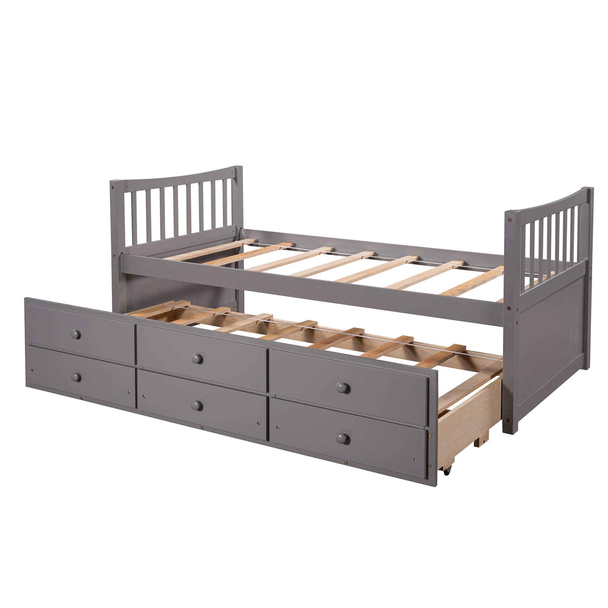 Twin Captain's Bed with Trundle & 3 Storage Drawers - Wood Platform Bed Frame with Headboard & Footboard for Kids, Teens & Adults - No Box Spring Needed - Easy Assembly - Grey - Perfect for Small Bedrooms, Guest Rooms & Dorm Rooms