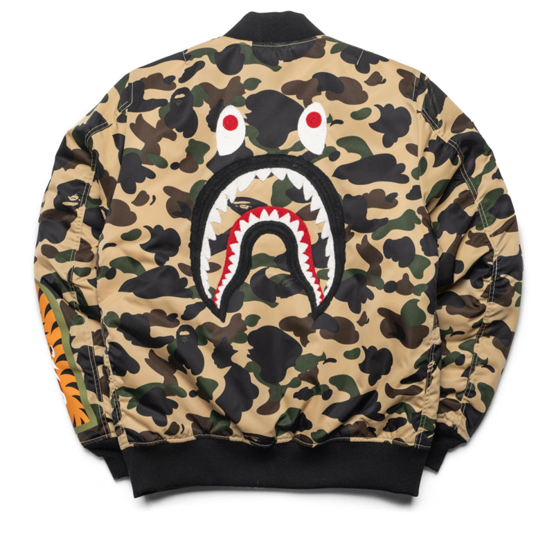 BAPE 1st Camo Shark MA-1 Bomber Jacket in Yellow - Stylish Streetwear for Men | Perfect for Urban Fashion and Casual Outfits