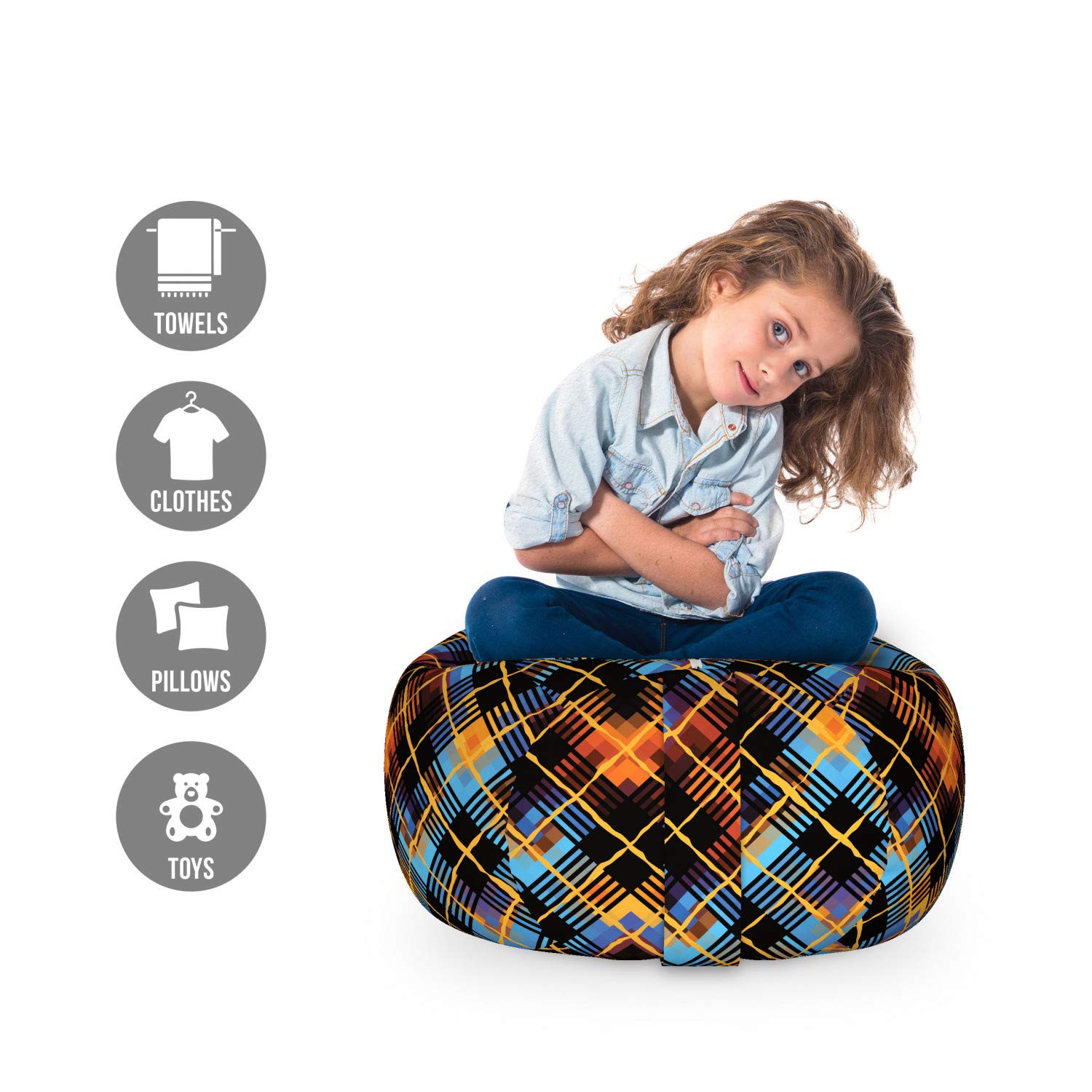 Ambesonne Plaid Storage Toy Bag Chair - Geometric Diagonal Tartan Pattern with Intersecting Lines, Stuffed Animal Organizer & Washable Storage Bag, Small Multicolor - Perfect for Kids' Room, Nursery, Playroom & Toy Organization