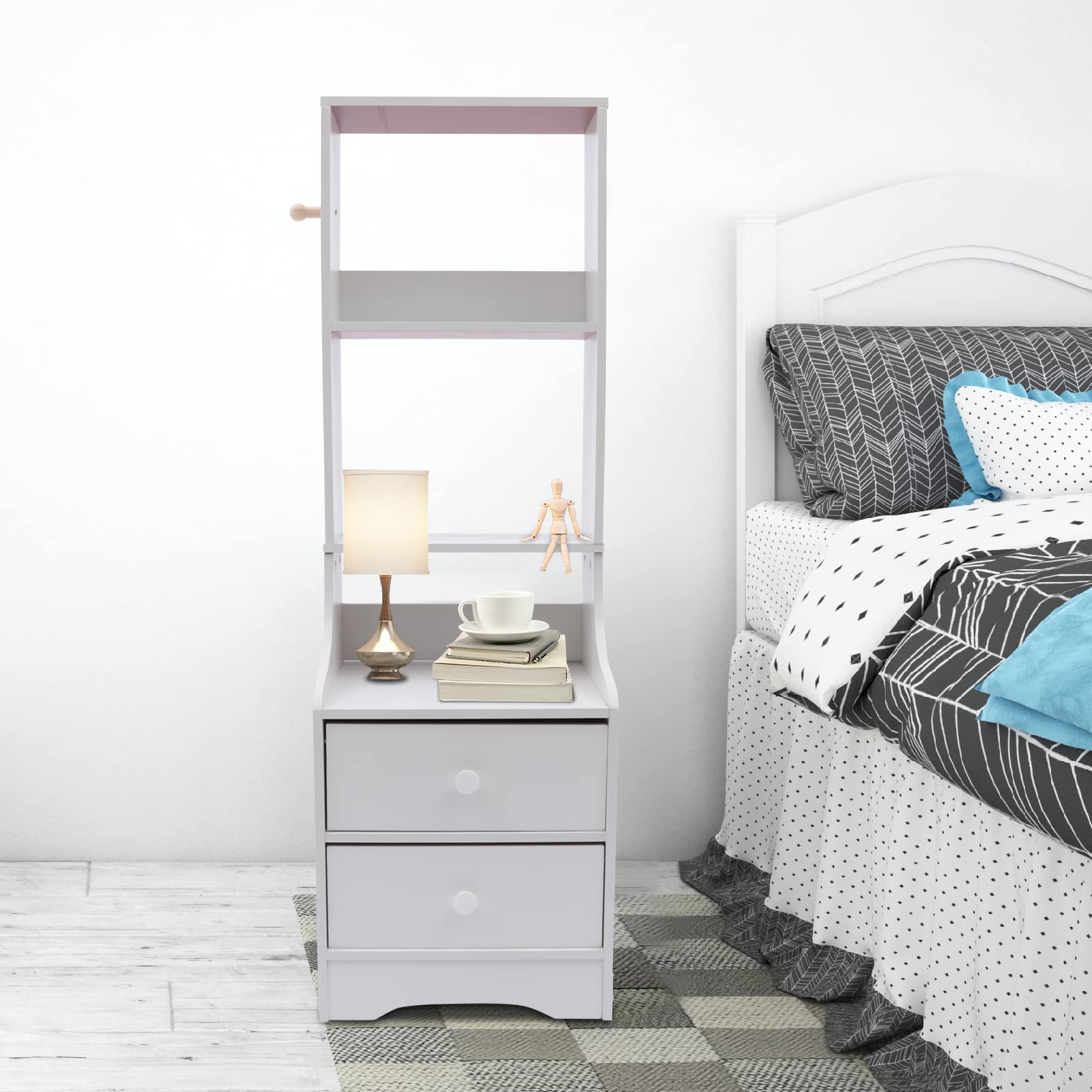 Eapmic 2 Drawer Dresser with Top Cabinet & Open Shelf - White 3-Tier Nightstand, End Table & Bedside Storage for Bedroom, Living Room & Home Office Organization