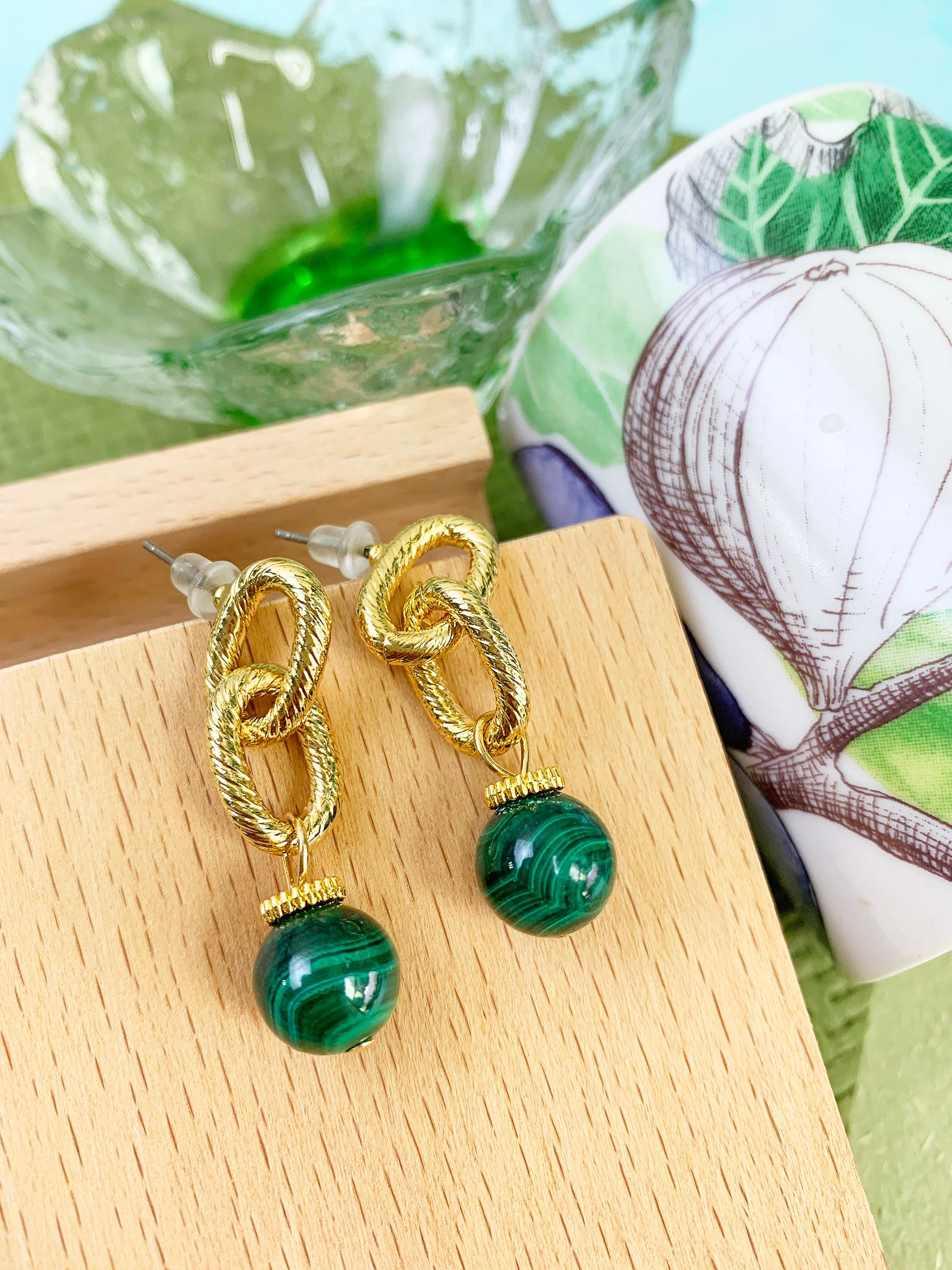 Malachite Chain Minimalist Earrings GE013 - Elegant Green Stone Dangle Earrings for Women | Perfect for Casual Wear, Office & Special Occasions