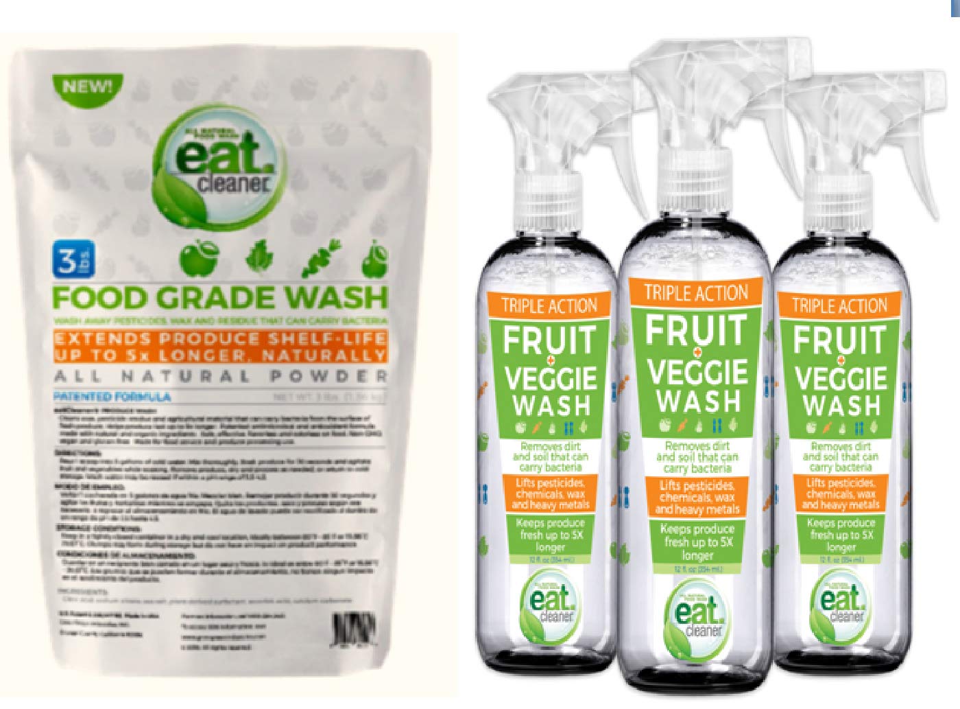 Eat Cleaner 3-Pack Organic Fruit & Vegetable Wash Spray + Powder (3lb) - Natural Produce Cleaner for Fresh Fruits, Veggies & Herbs - Perfect for Kitchen, Camping & Meal Prep