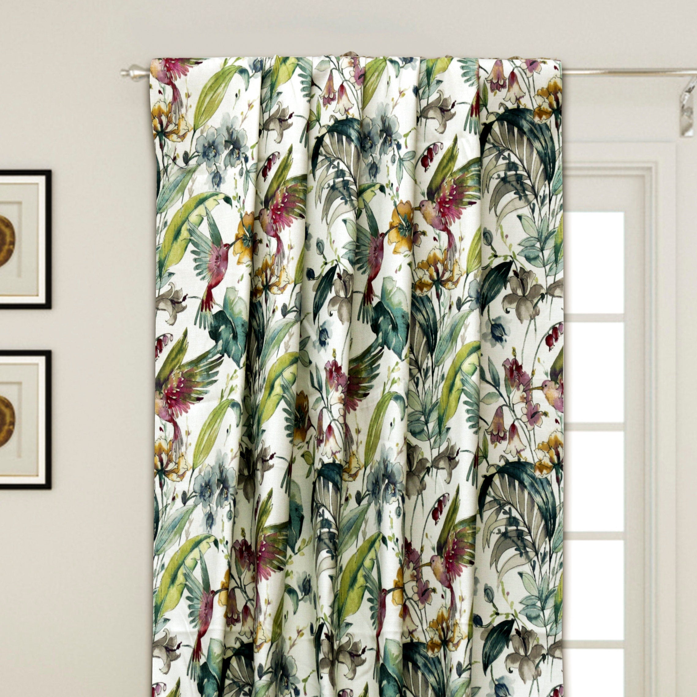 Birdy Love Green & Pink Printed Cotton Curtain Panels - Elegant Window Treatments for Living Room, Bedroom & Nursery Decor