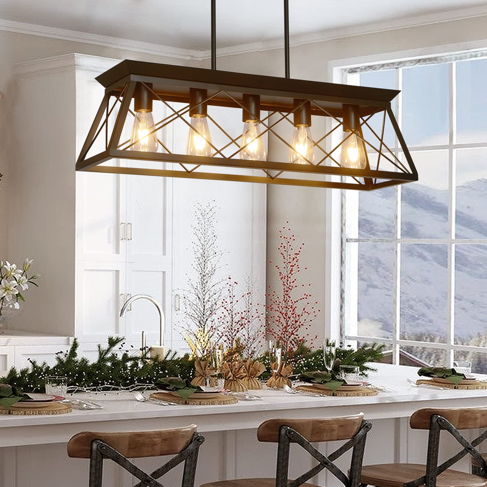 Modern 5-Light Black Chandelier for Dining Room, Farmhouse Kitchen Island, Entryway, Bedroom & Living Room - Elegant Ceiling Pendant Light Fixture for Home Decor