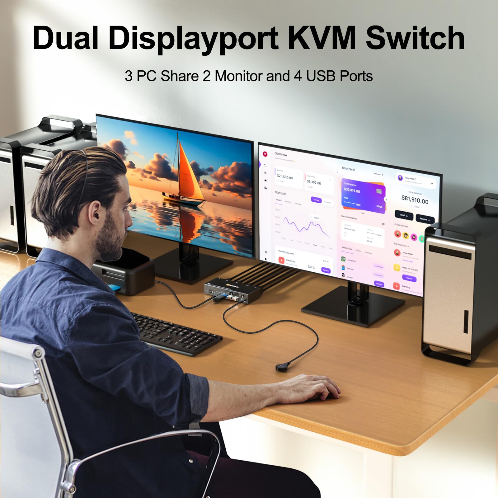 YOUTINGHDAV DP KVM Switch for 2 Monitors & 3 Computers | USB 3.0 4K@144Hz Dual Monitor DisplayPort 1.4 | Share Mouse & Keyboard | Includes Wired Remote & USB/DP Cables | Perfect for Gaming, Office & Multi-Tasking Workstations