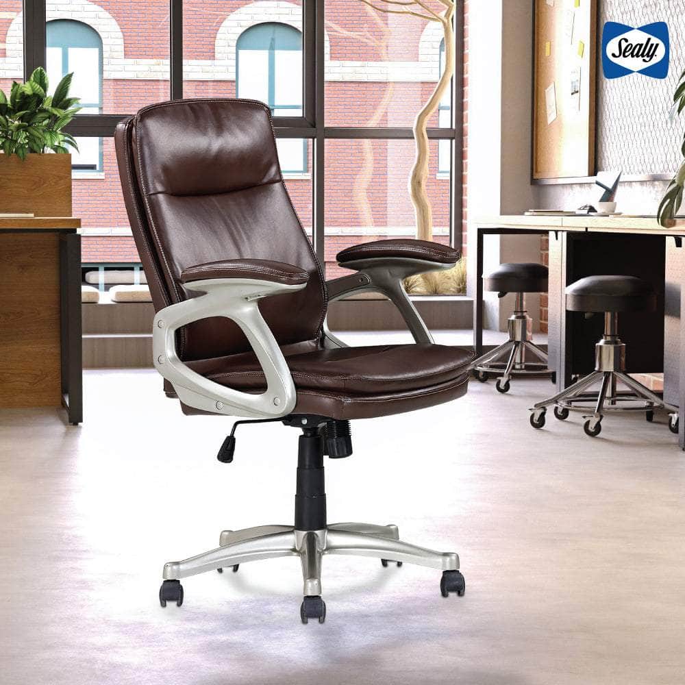 Sealy Hugo Brown Faux Leather Swivel Mid Back Office Chair - Ergonomic Desk Chair for Home & Office Workspace