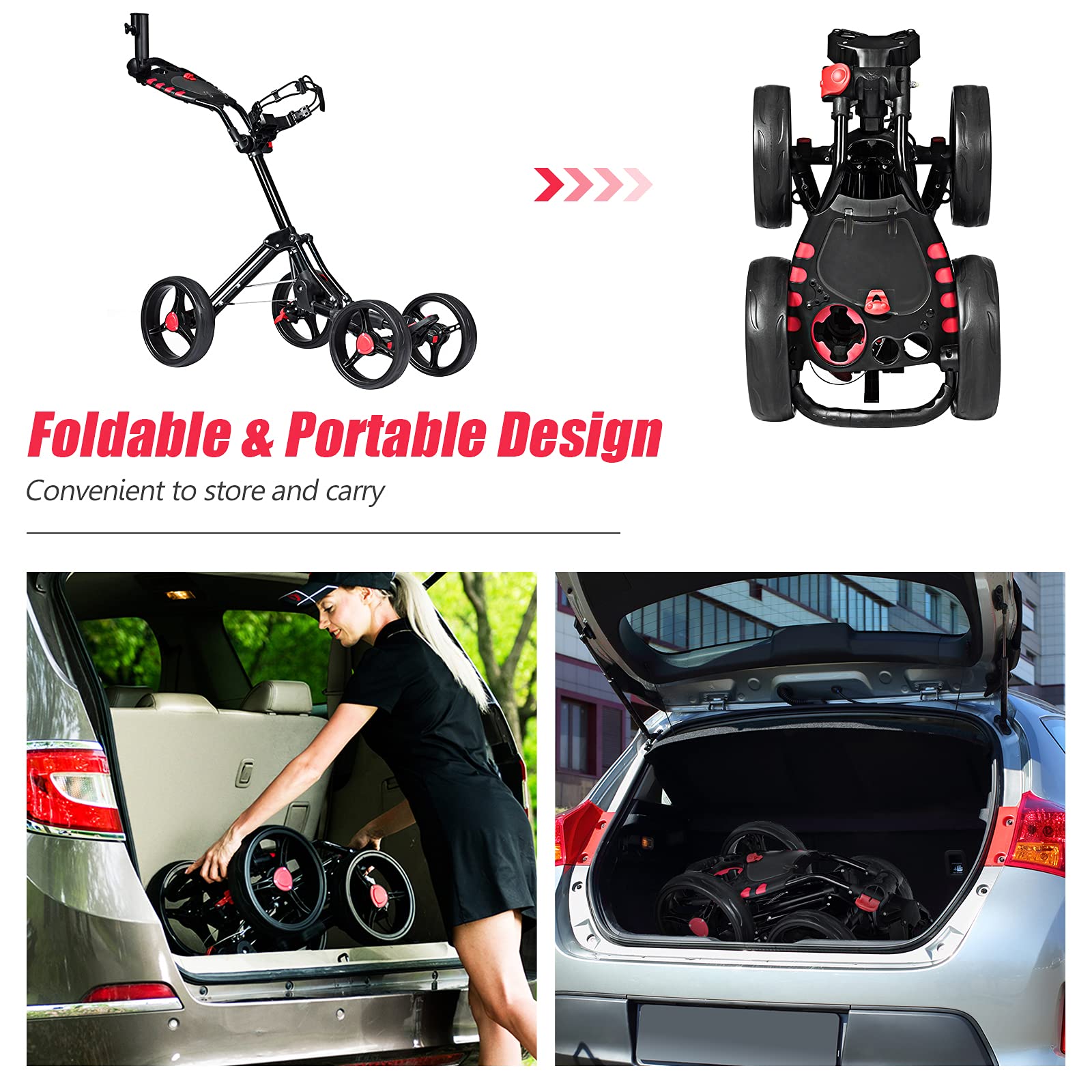 GYMAX 4 Wheel Folding Lightweight Golf Push Cart with Drink Holder & Scorecard - Easy Open Golf Trolley for Men & Women - Perfect for Golf Course, Driving Range & Outdoor Practice